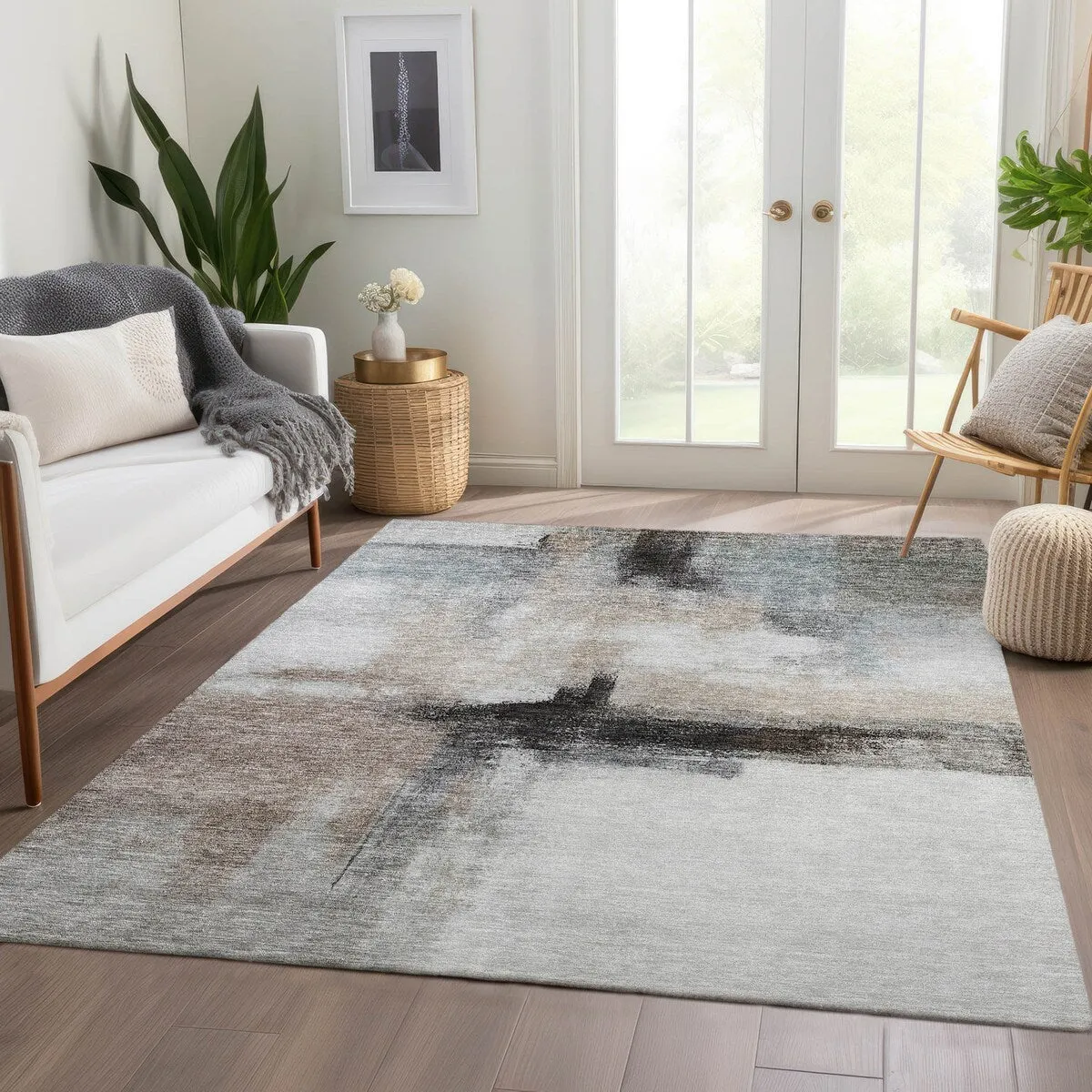 Machine Washable Indoor/ Outdoor Contemporary Abstract Chantille Rug
