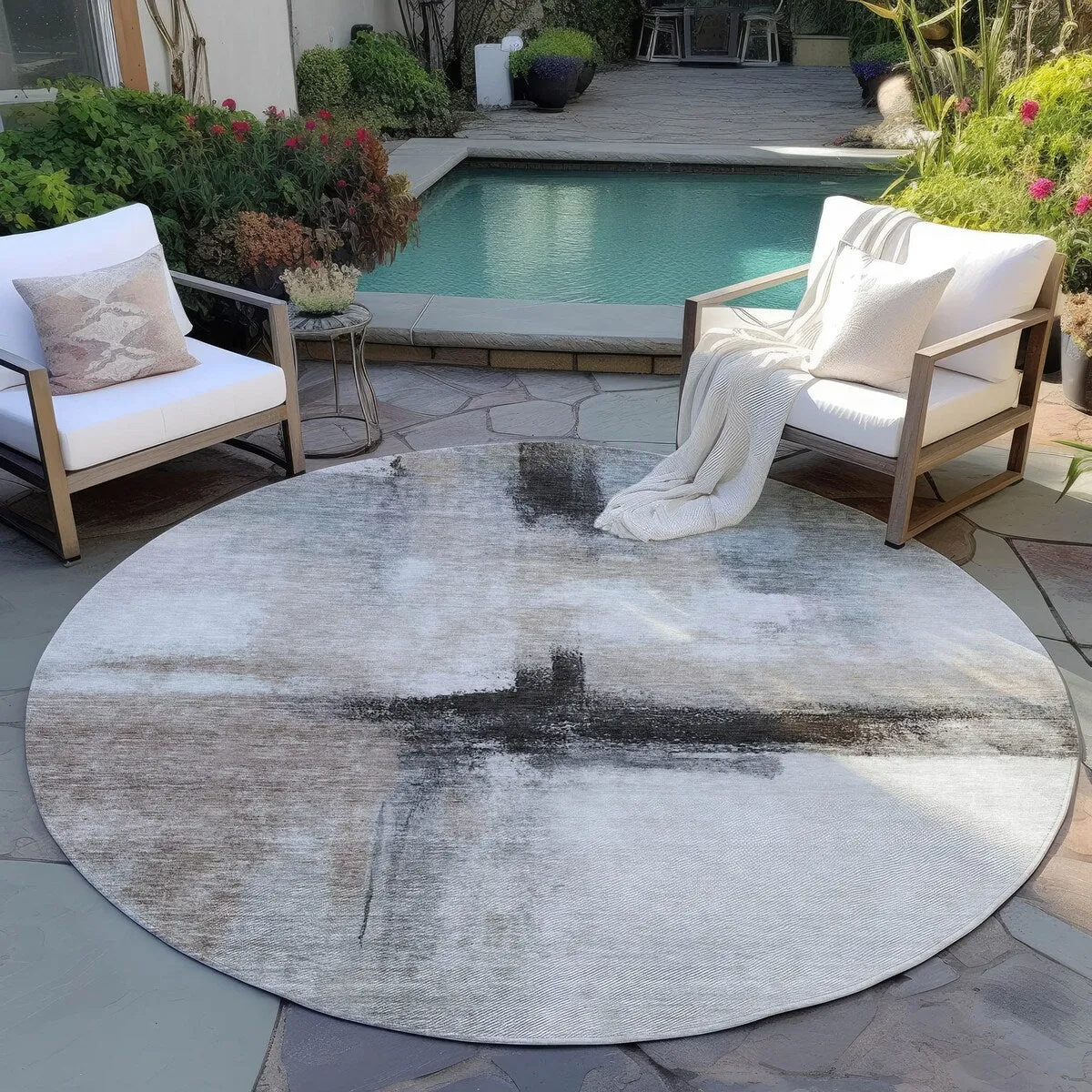Machine Washable Indoor/ Outdoor Contemporary Abstract Chantille Rug
