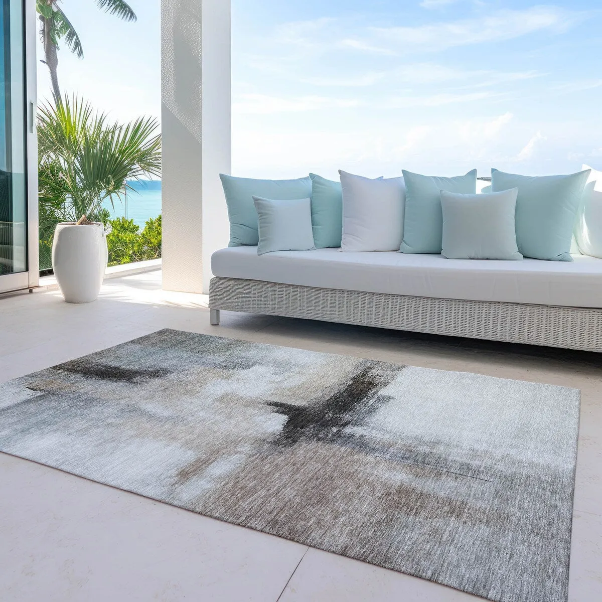 Machine Washable Indoor/ Outdoor Contemporary Abstract Chantille Rug