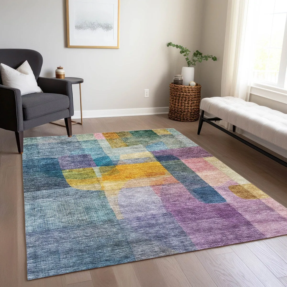Machine Washable Indoor/ Outdoor Contemporary Abstract Chantille Rug