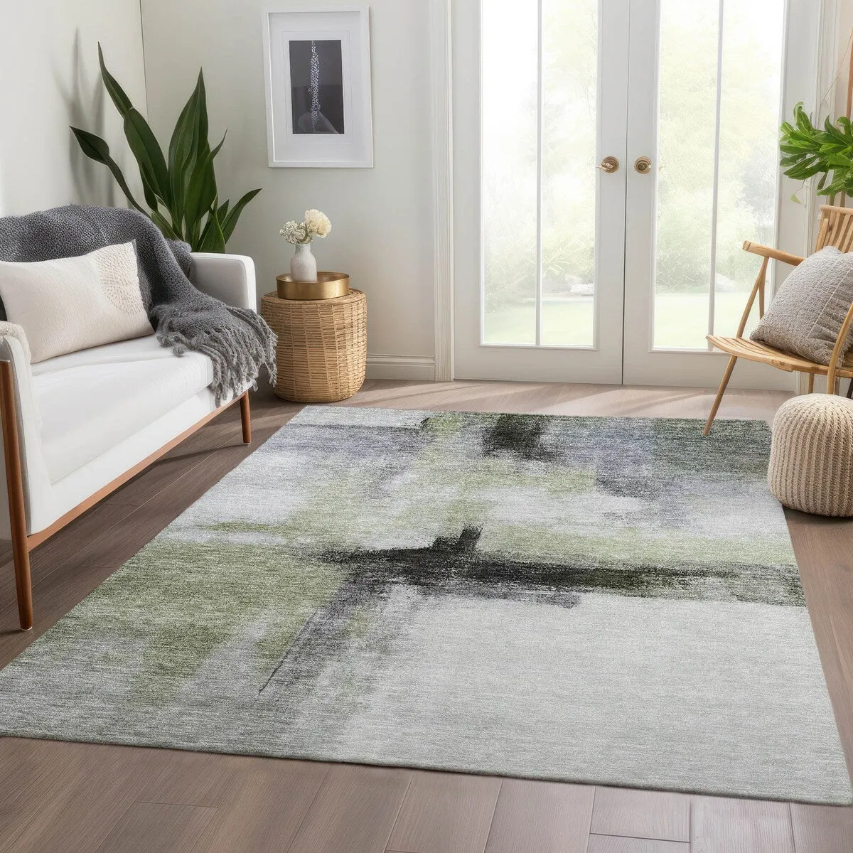 Machine Washable Indoor/ Outdoor Contemporary Abstract Chantille Rug