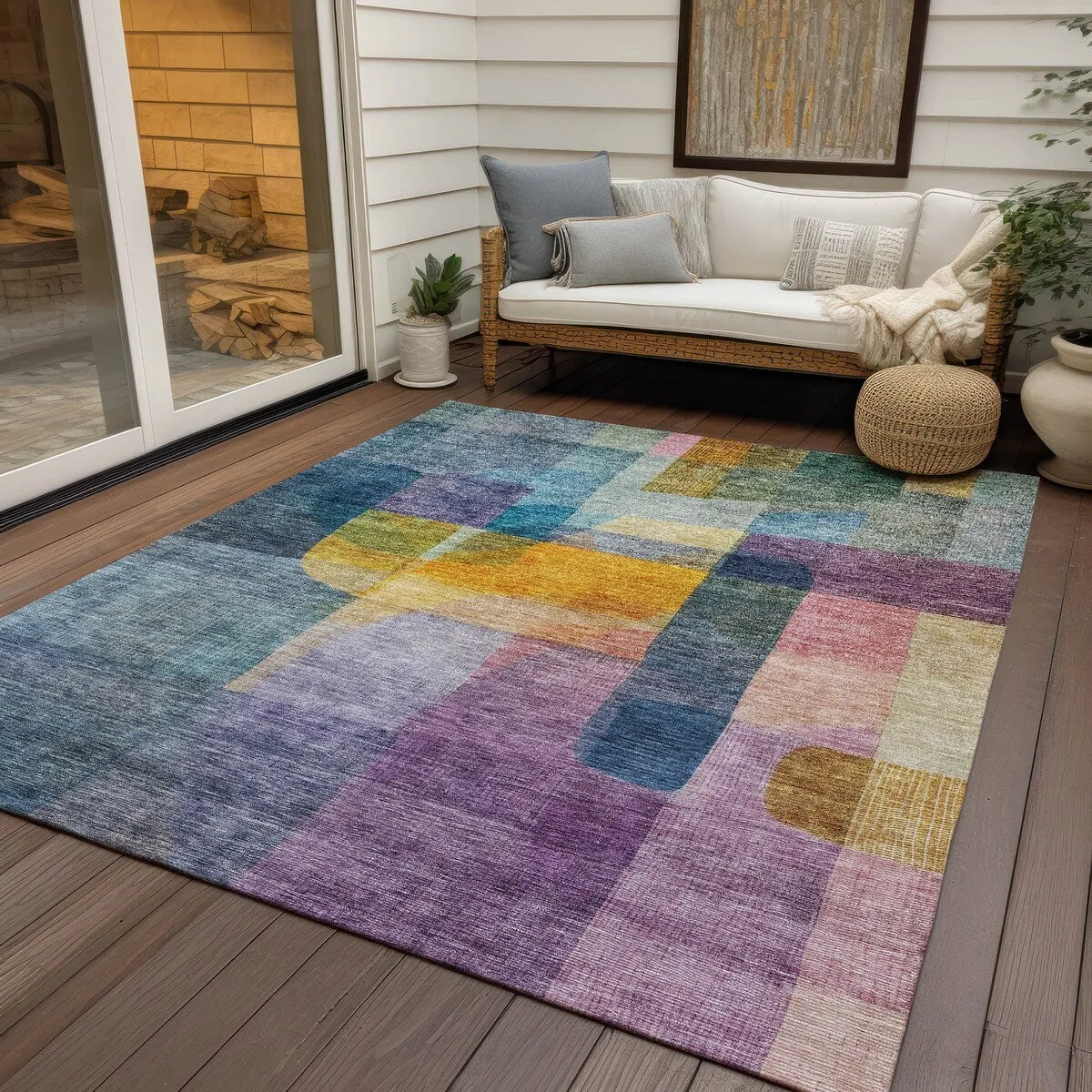Machine Washable Indoor/ Outdoor Contemporary Abstract Chantille Rug