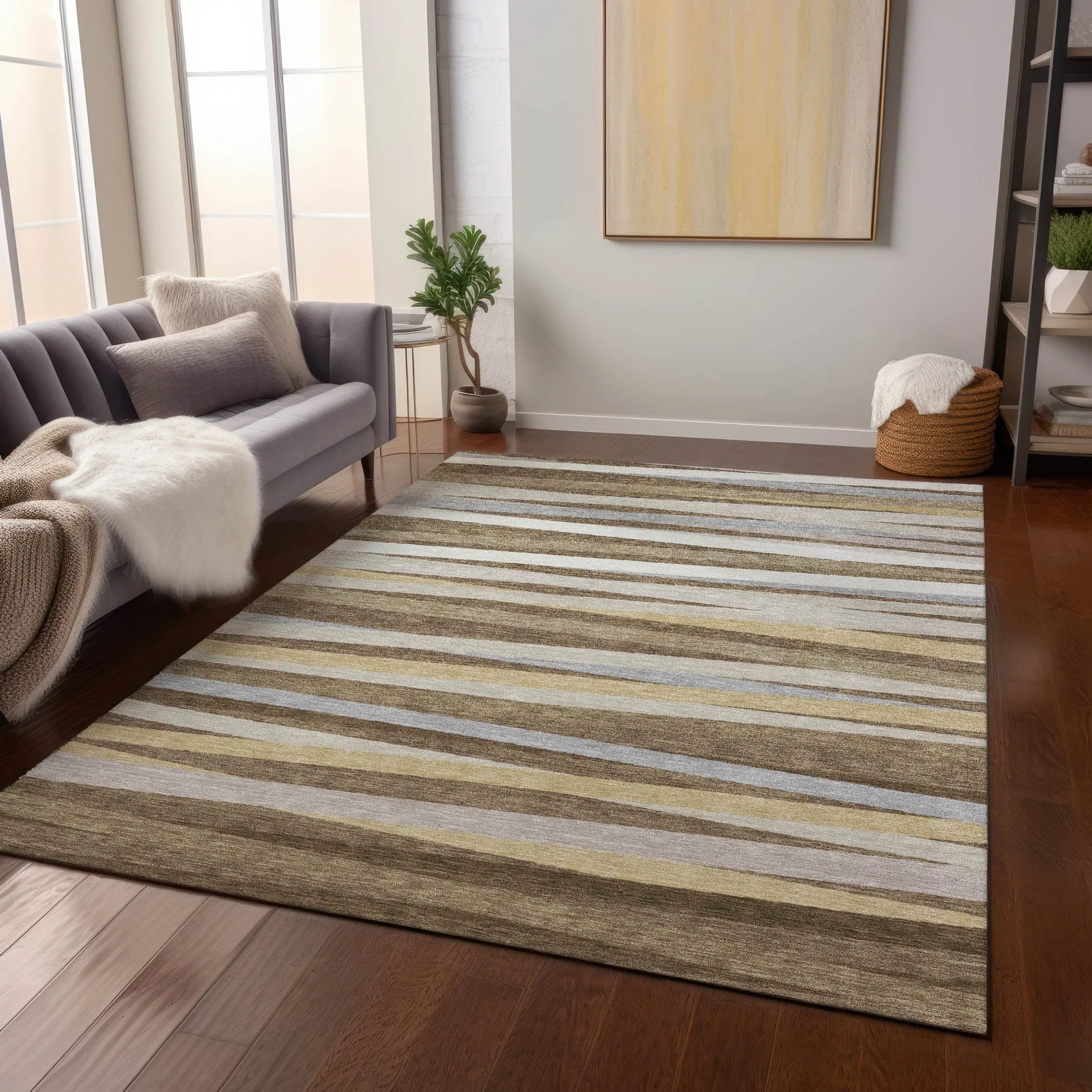 Machine Washable Indoor/ Outdoor Modern Stripes Chantille Rug