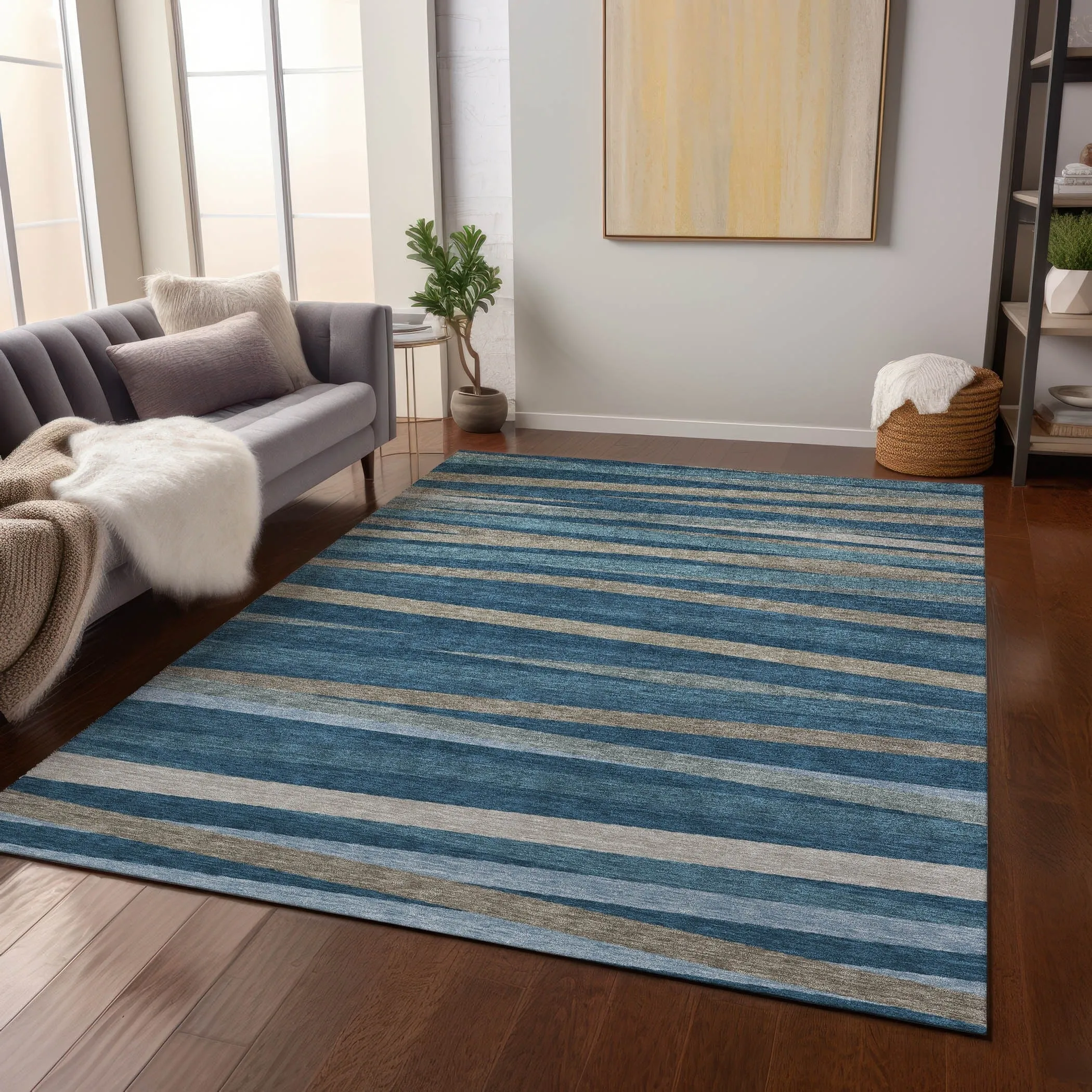 Machine Washable Indoor/ Outdoor Modern Stripes Chantille Rug