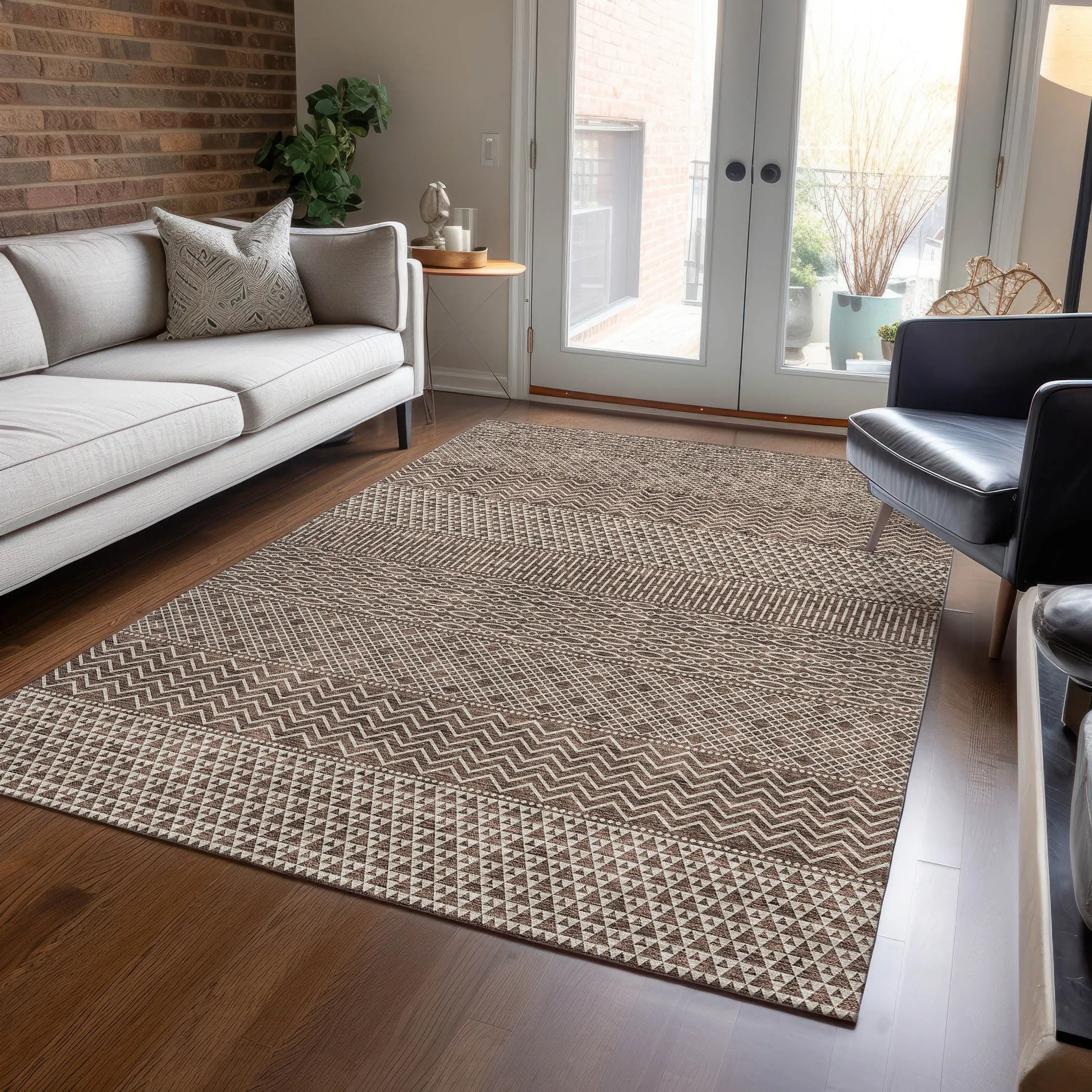 Machine Washable Indoor/ Outdoor Modern Stripes Chantille Rug