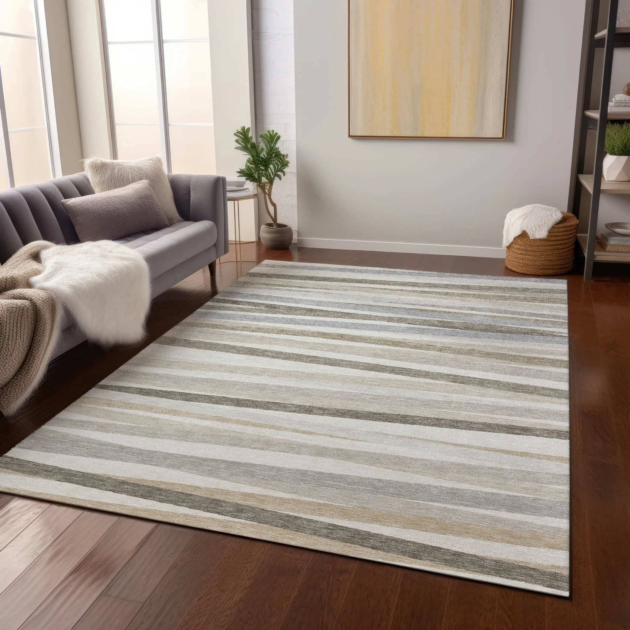 Machine Washable Indoor/ Outdoor Modern Stripes Chantille Rug