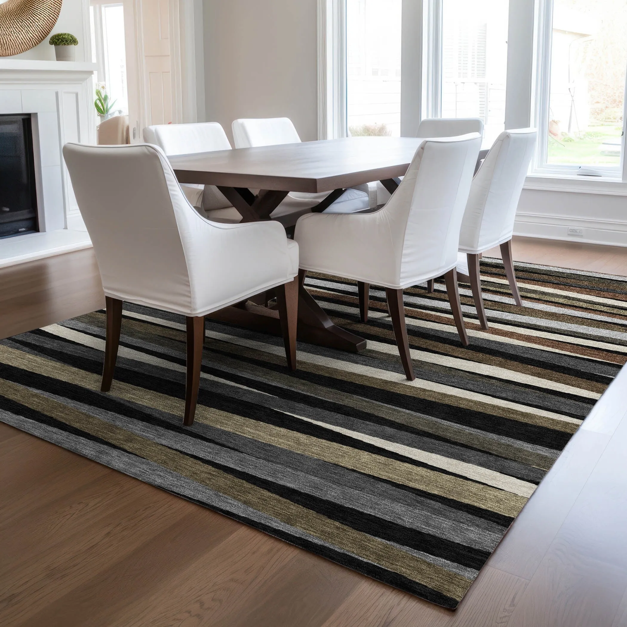 Machine Washable Indoor/ Outdoor Modern Stripes Chantille Rug