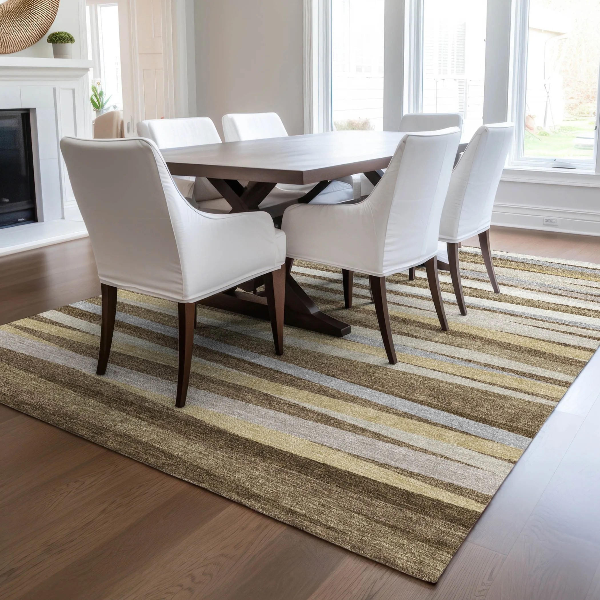Machine Washable Indoor/ Outdoor Modern Stripes Chantille Rug