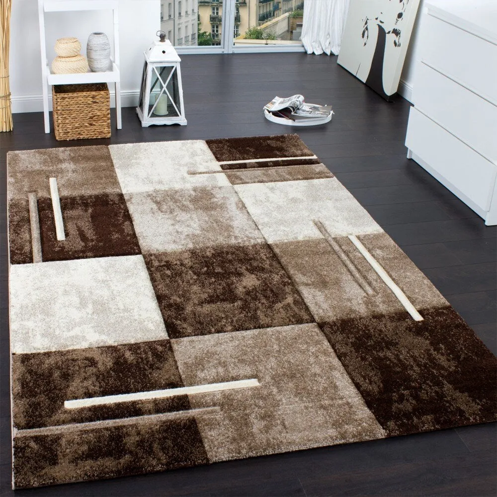 Modern Designer Area Rug Checkered with Contour Cut