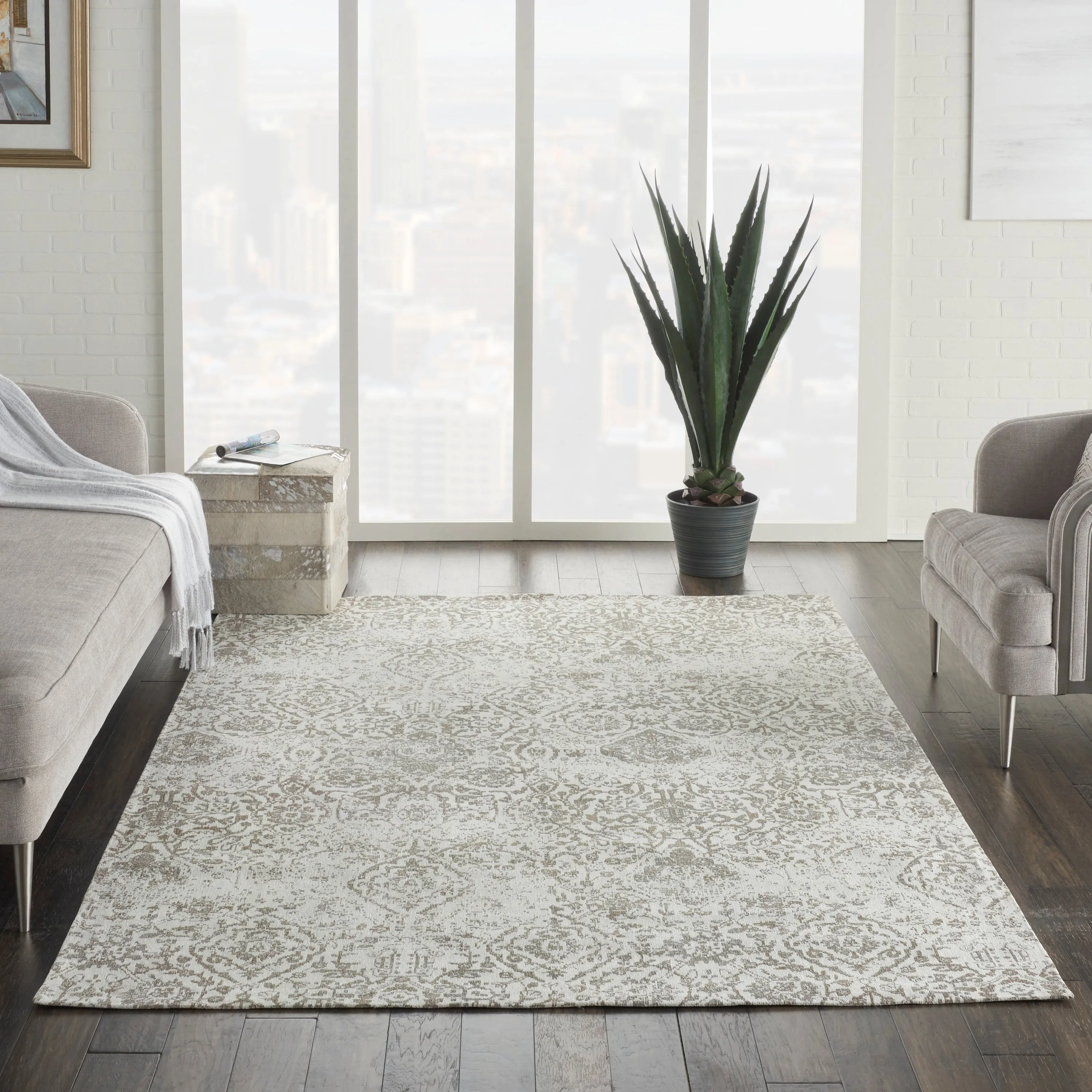 Nourison Damask Distressed Contemporary Area Rug