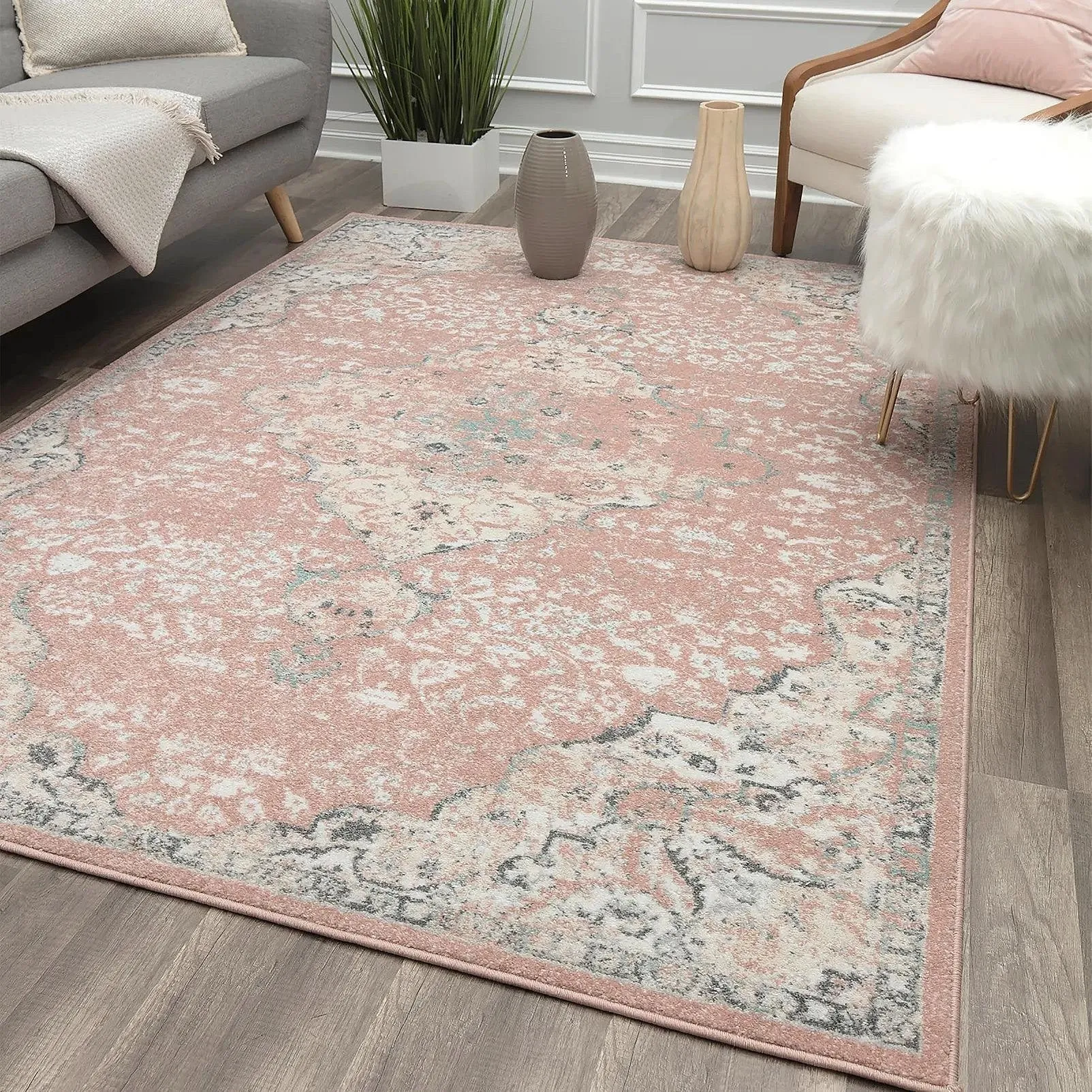 Oleander Vintage Transitional Pink Amaranth Medallion Rug