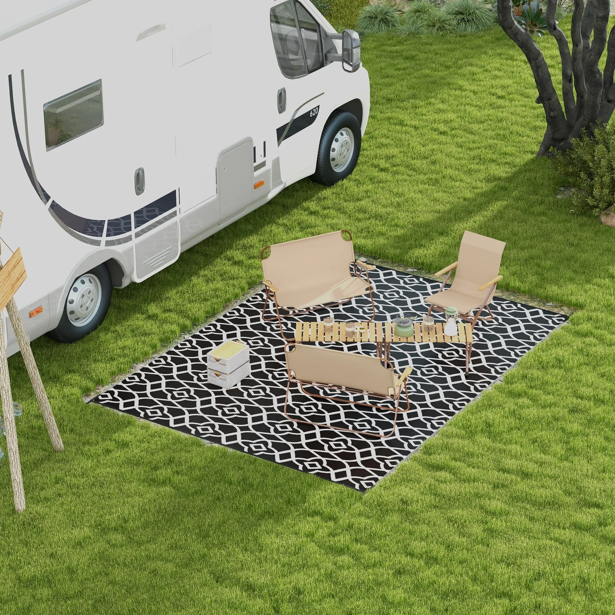Outsunny Reversible Outdoor Rug. 9' x 12' Waterproof Plastic Straw Floor Mat. Portable RV Camping Carpet