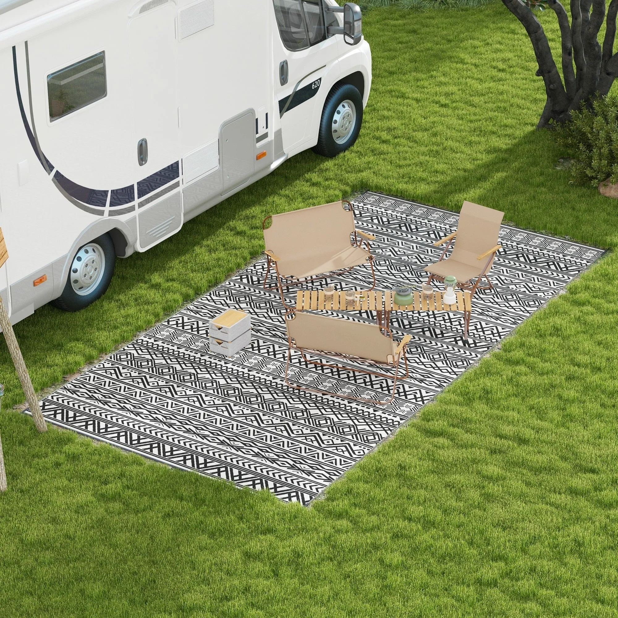 Outsunny Reversible Outdoor Rug. 9' x 18' Waterproof Plastic Straw Floor Mat. Portable RV Camping Carpet
