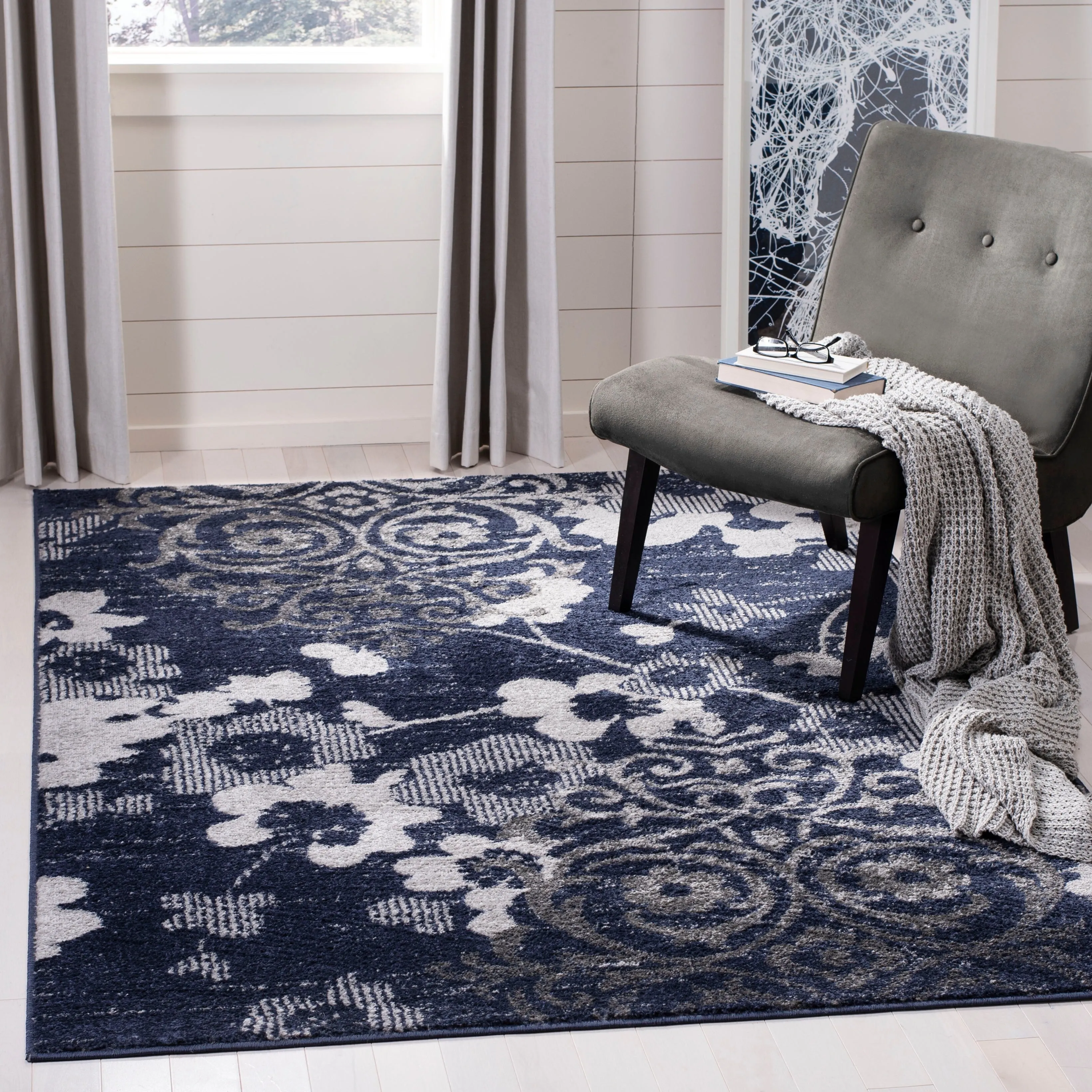 SAFAVIEH Adirondack Roxy Damask Floral Distressed Rug - Navy/Silver - 8' x 10'