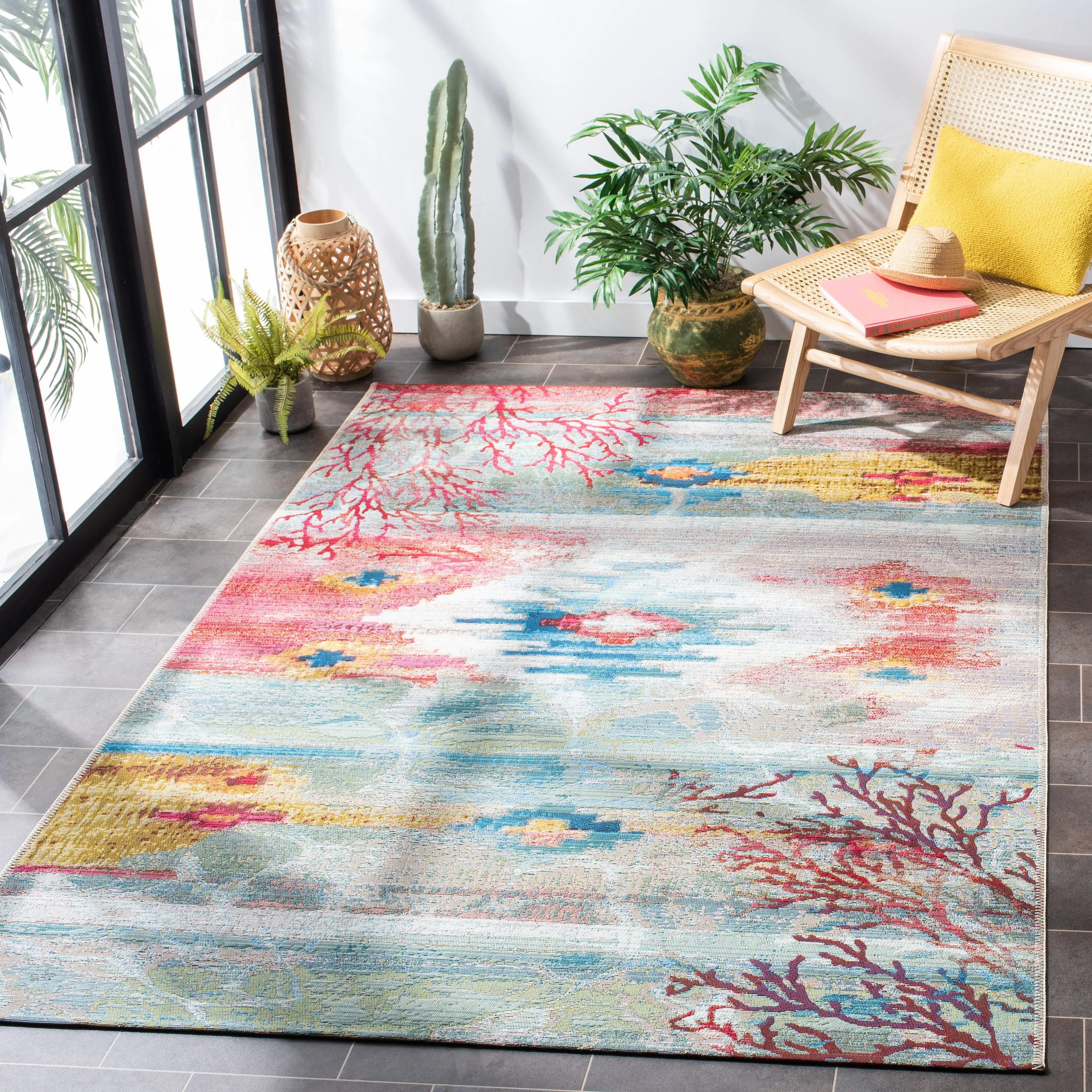 SAFAVIEH Barbados Santos Tropical Indoor/ Outdoor Waterproof Patio Backyard Rug - Light Blue/Pink - 4' x 6'