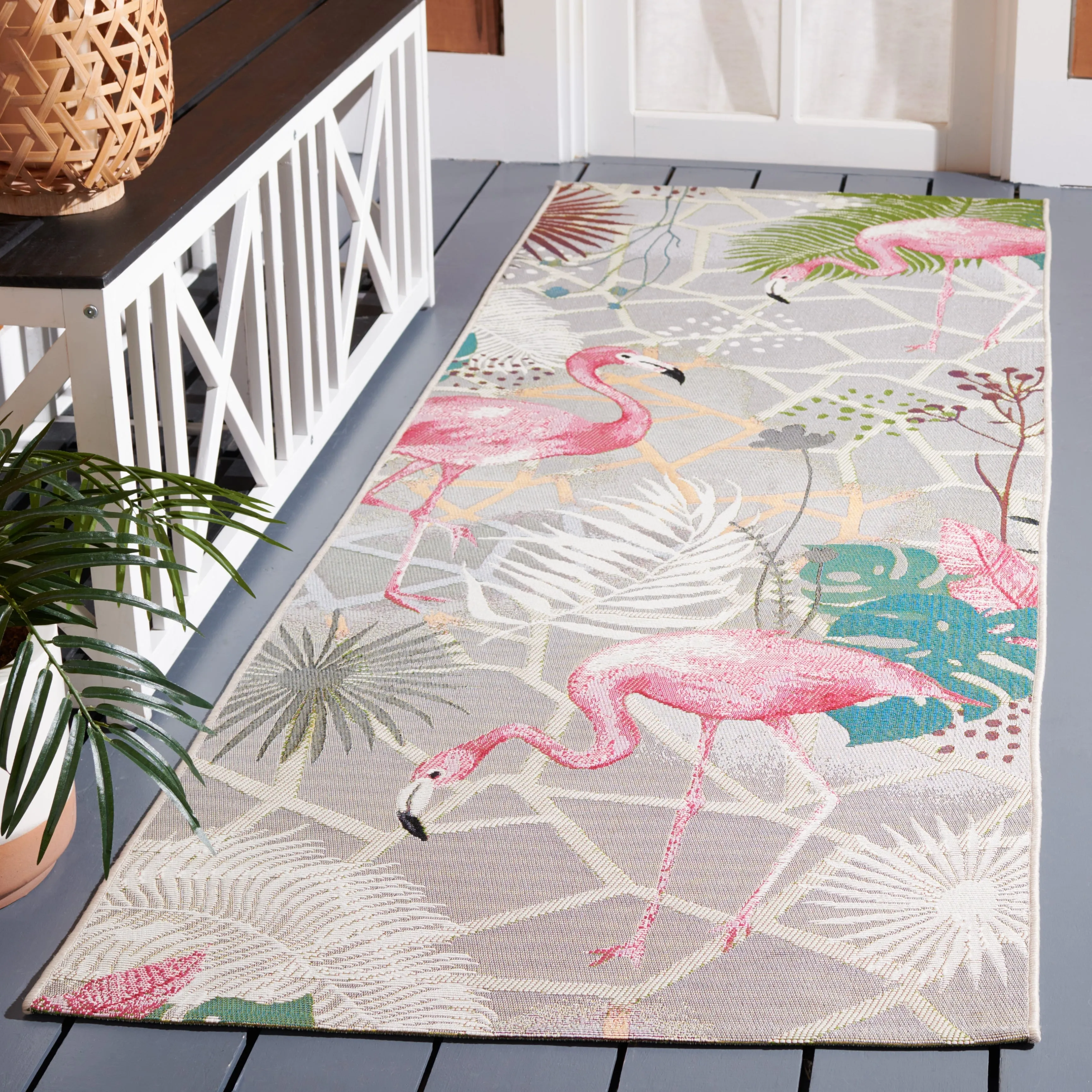 SAFAVIEH Barbados Vivianne Tropical Indoor/ Outdoor Waterproof Patio Backyard Rug - Grey/Pink - 2'8 x 10'5 Runner