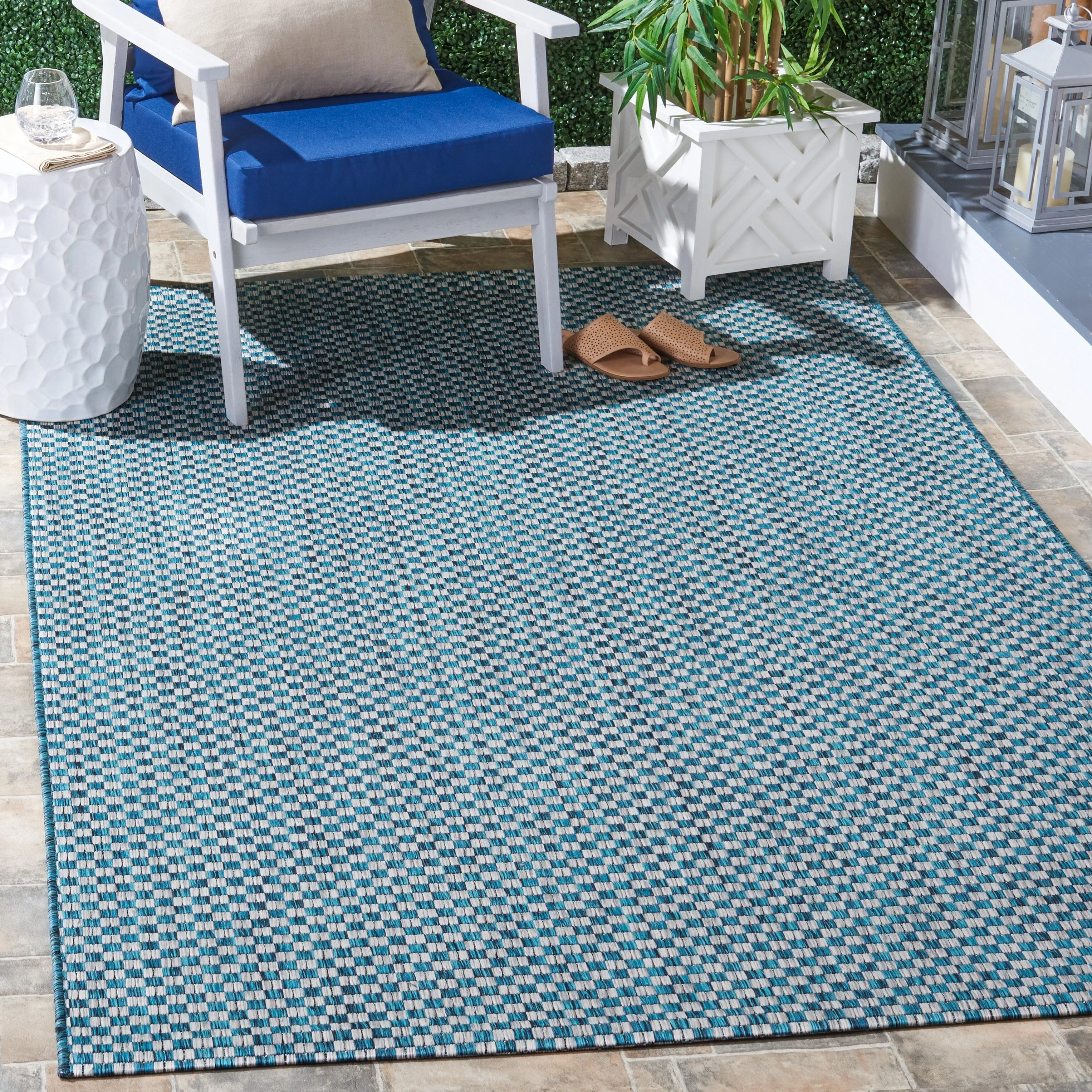 SAFAVIEH Courtyard Judi Indoor/ Outdoor Patio Backyard Rug - Turquoise/Light Grey - 8' x 10'