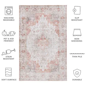 SAFAVIEH Tucson Machine Washable Slip Resistant Korneliya Oriental Medallion Rug - Light Grey/Rust - 5' x 8'