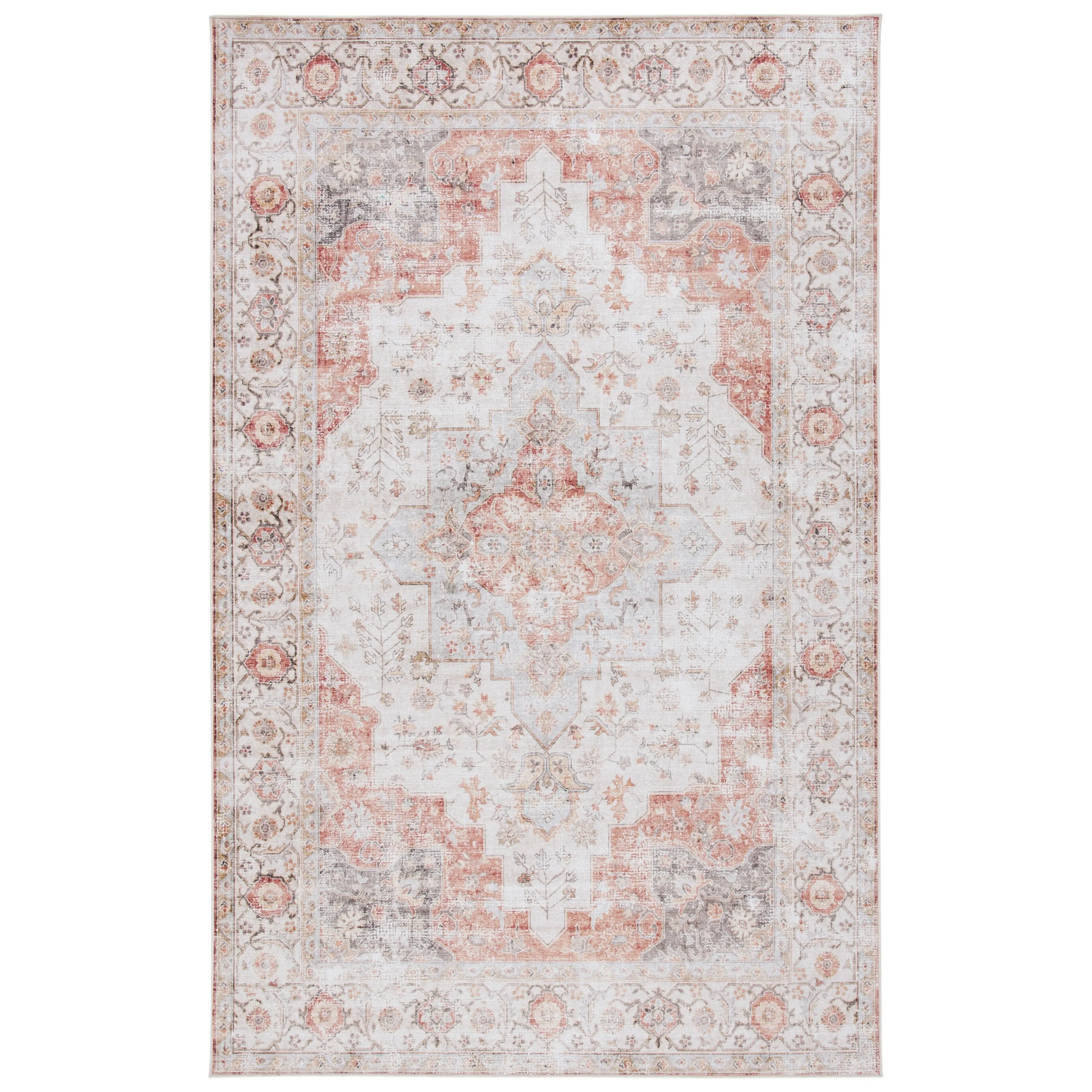 SAFAVIEH Tucson Machine Washable Slip Resistant Korneliya Oriental Medallion Rug - Light Grey/Rust - 5' x 8'
