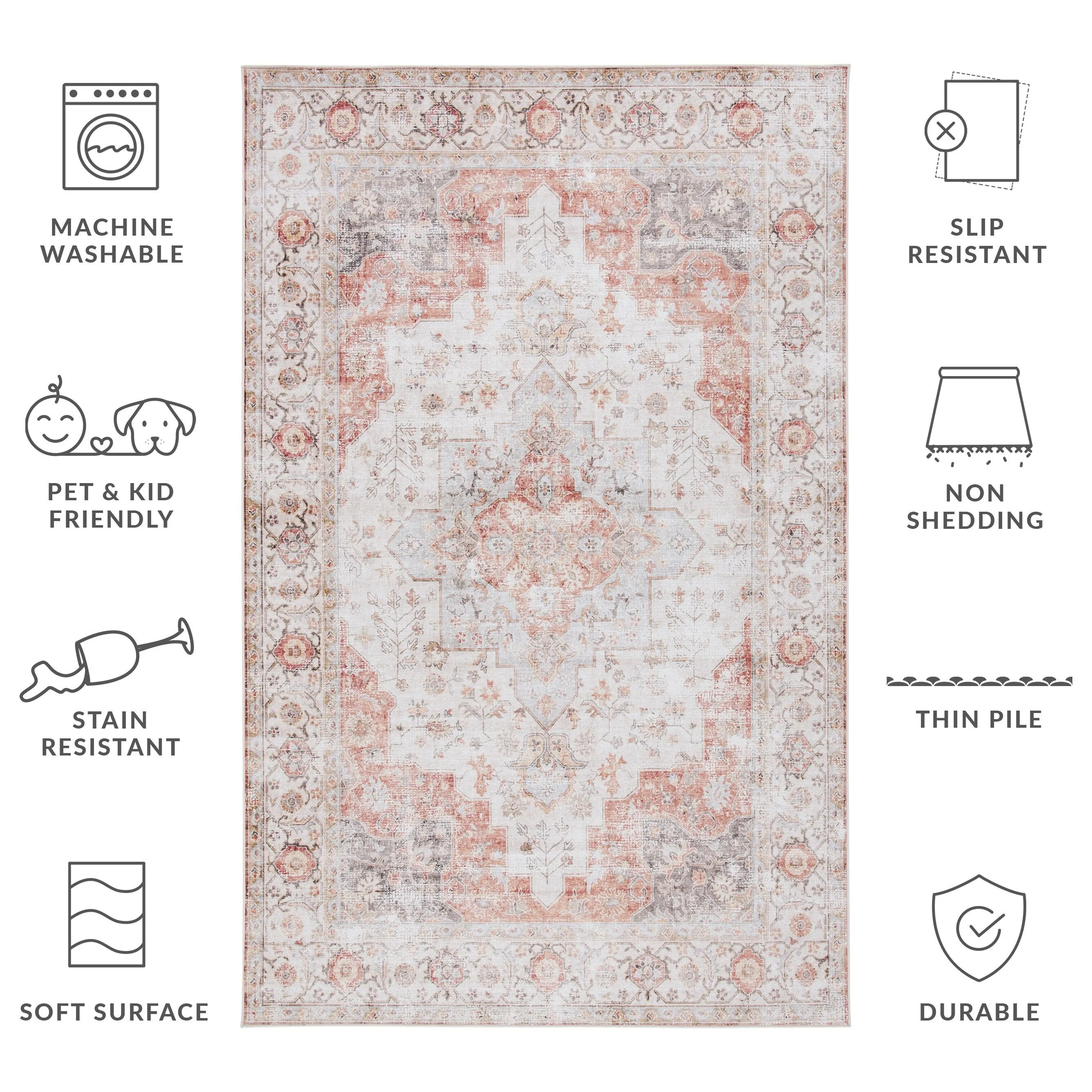 SAFAVIEH Tucson Machine Washable Slip Resistant Korneliya Oriental Medallion Rug - Light Grey/Rust - 5' x 8'