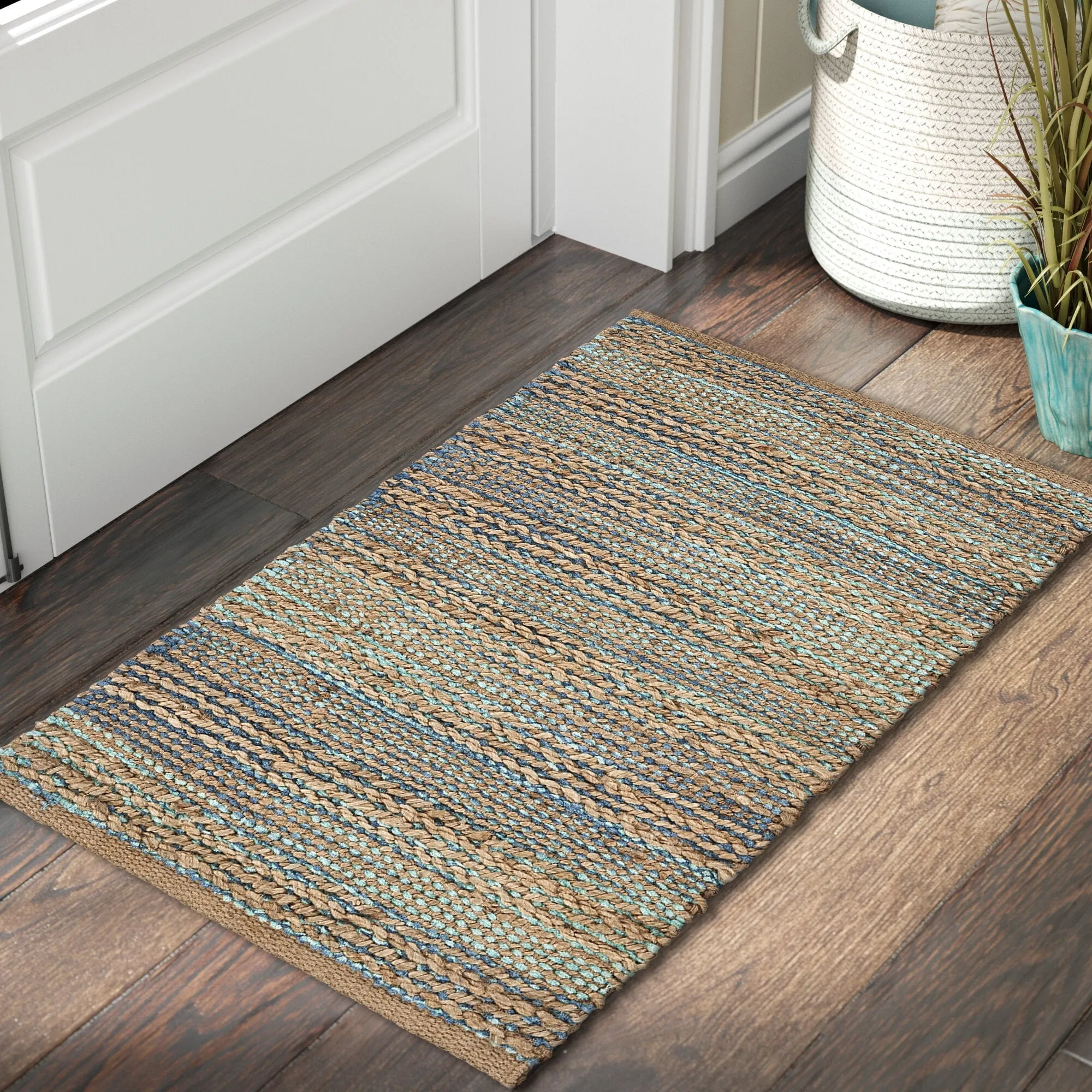 Sevita Organic Jute Geometric Area Rug. Tan and Teal