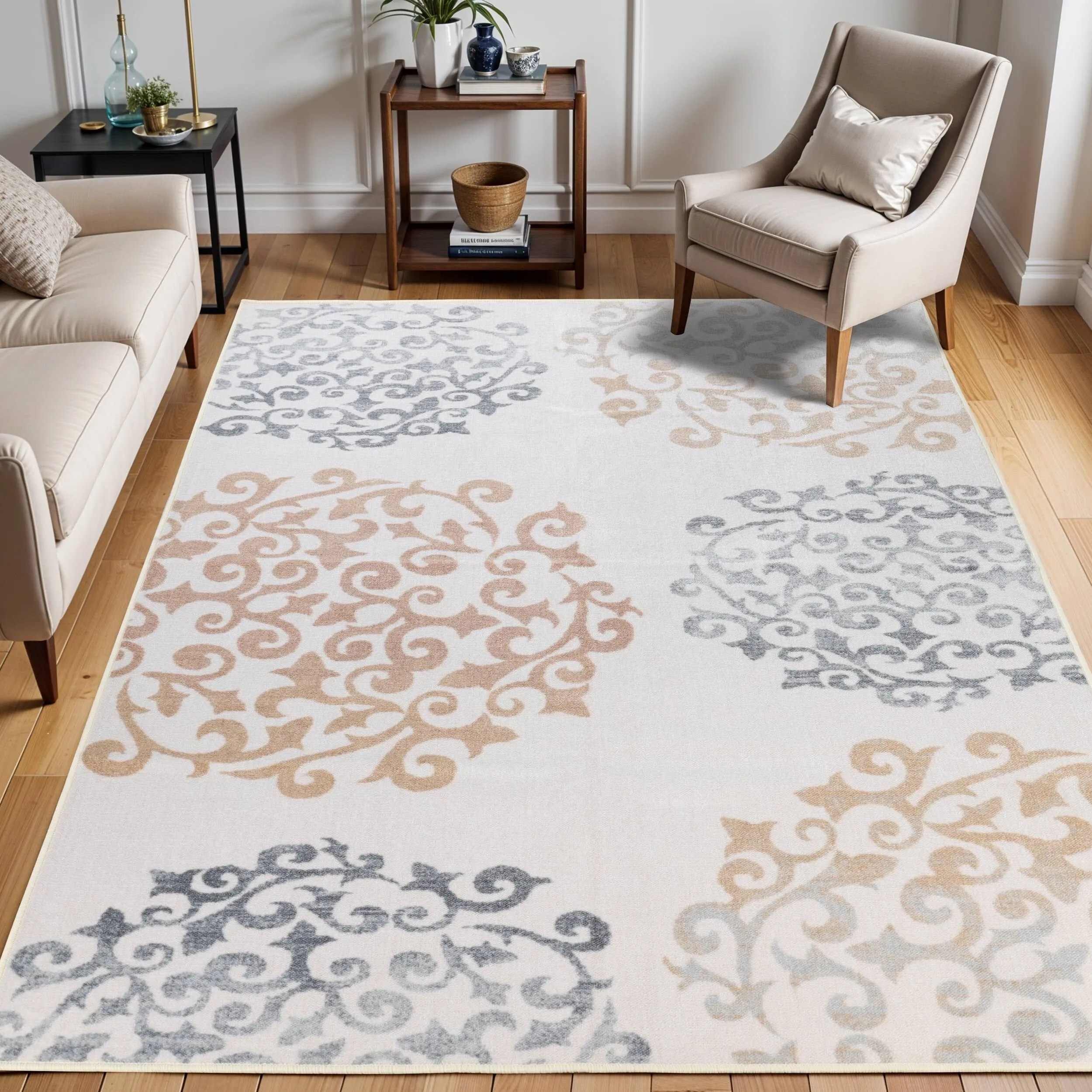 Superior Amber Floral Scroll Non-Slip Washable Indoor Runner or Area Rug