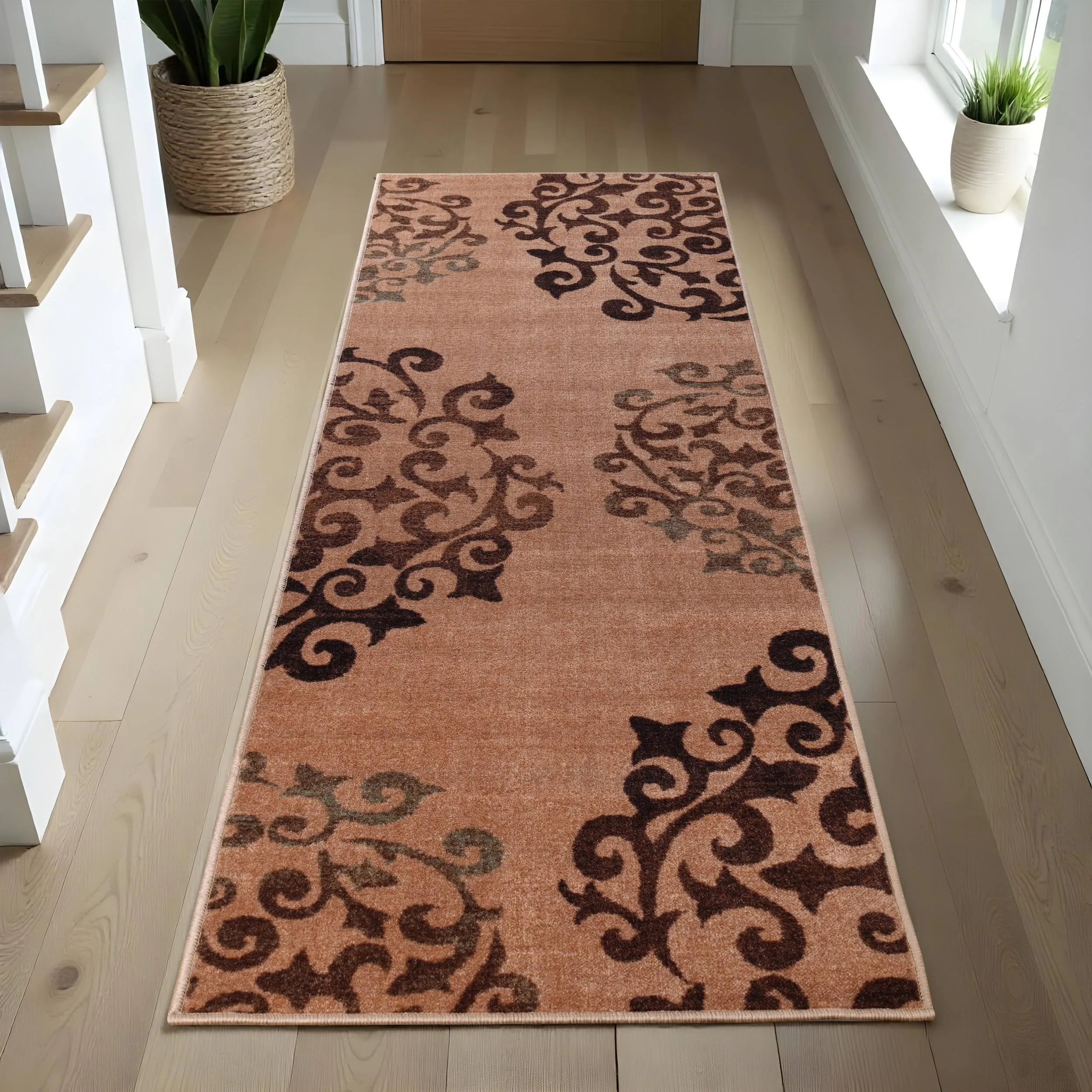 Superior Amber Floral Scroll Non-Slip Washable Indoor Runner or Area Rug