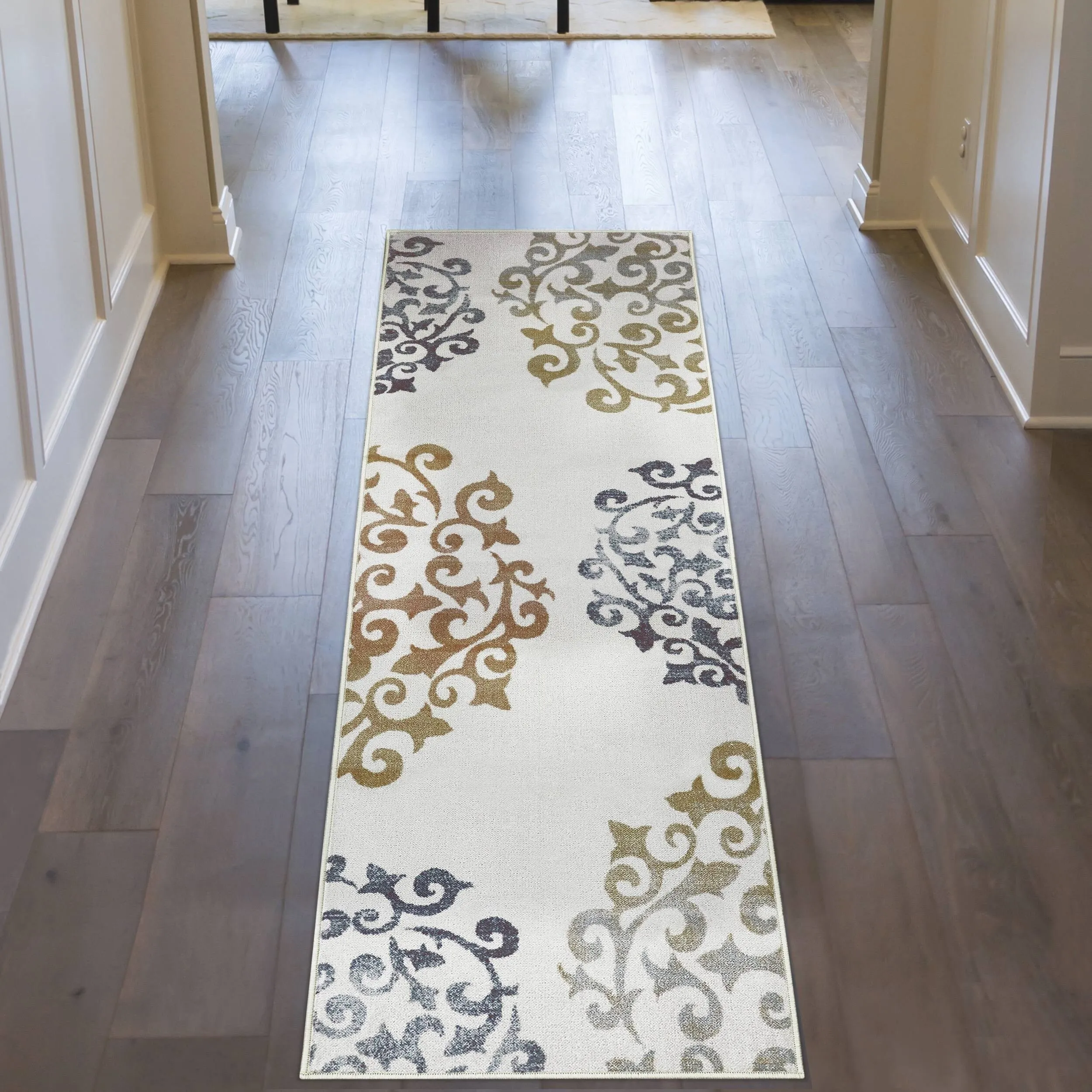 Superior Amber Floral Scroll Non-Slip Washable Indoor Runner or Area Rug