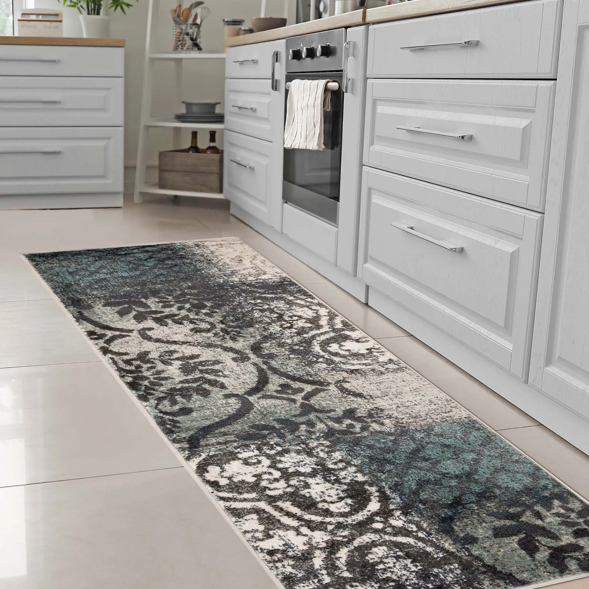 Superior Bristol Distressed Abstract Damask Indoor Runner or Area Rug