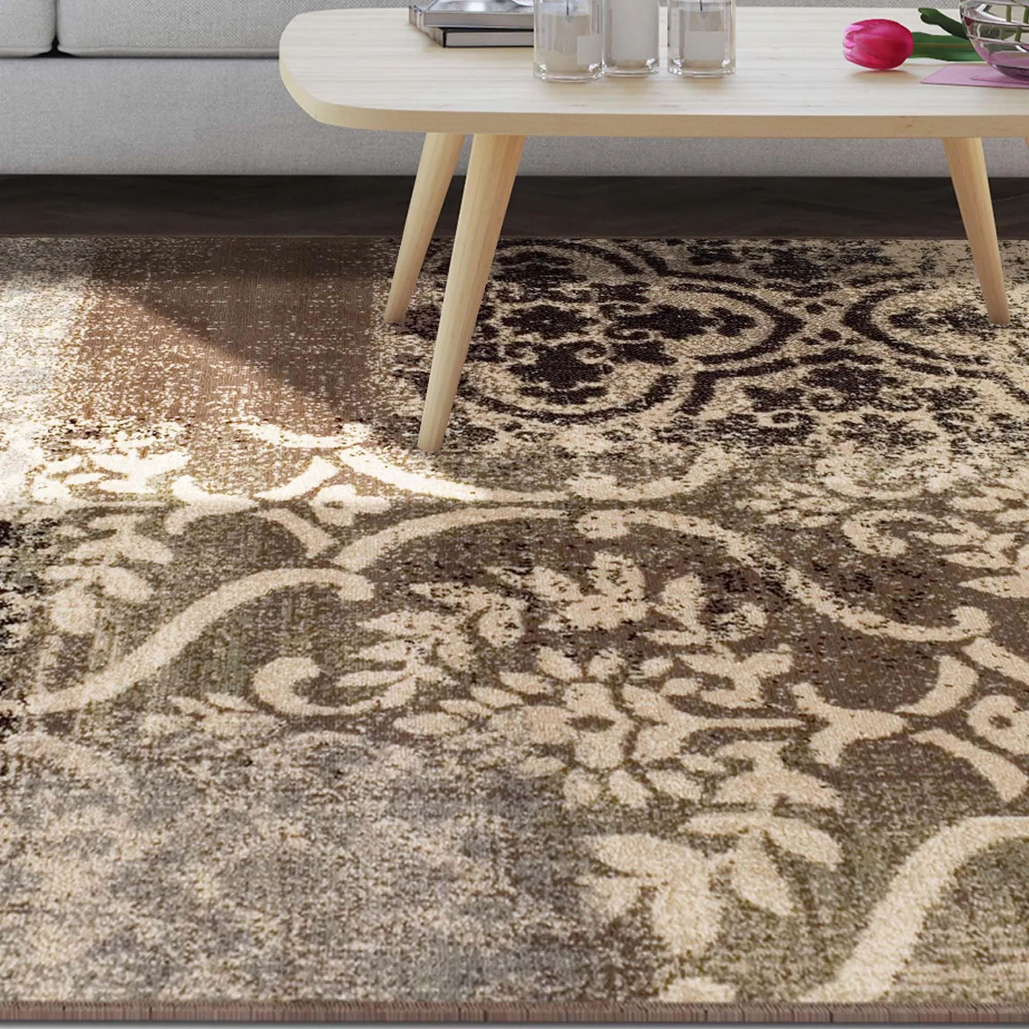 Superior Bristol Distressed Abstract Damask Indoor Runner or Area Rug
