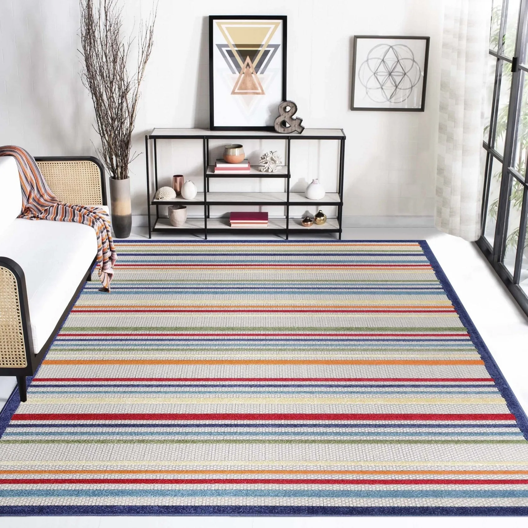 Superior Coastal Stripe Geometric Modern Indoor Outdoor Area Rug