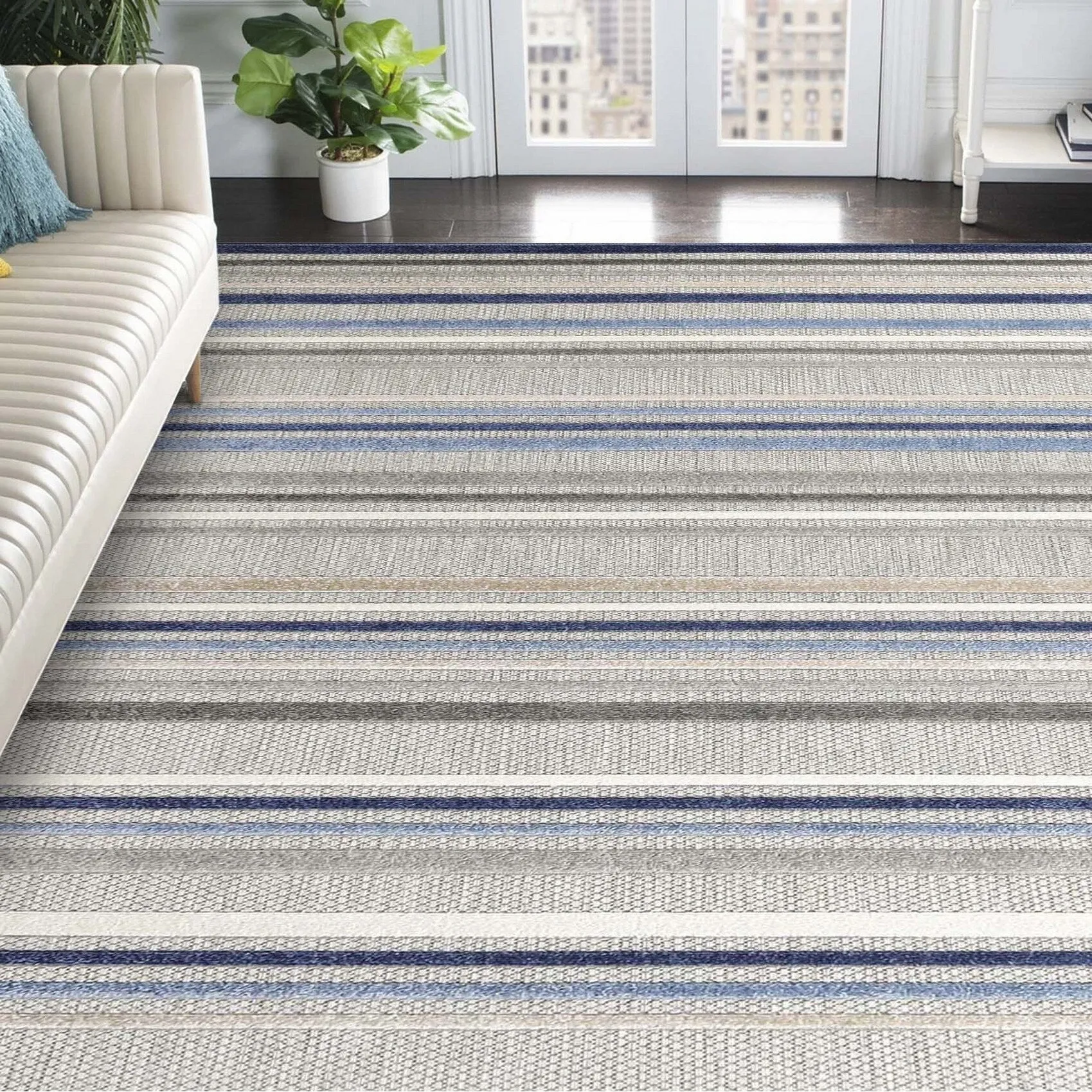 Superior Coastal Stripe Geometric Modern Indoor Outdoor Area Rug