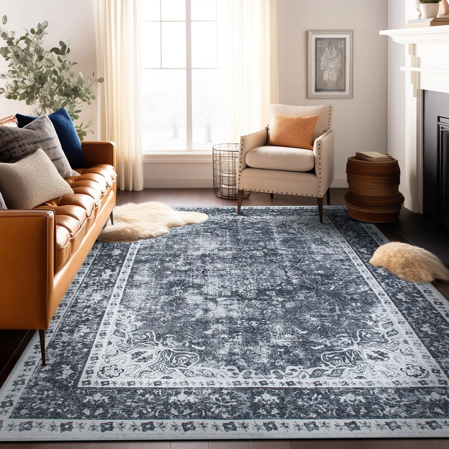 Traditional Distressed Medallion Machine Washable Area Rug