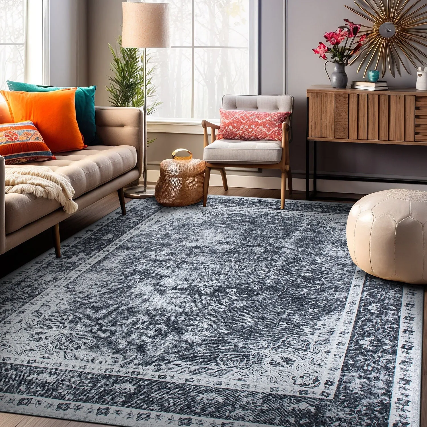 Traditional Distressed Medallion Machine Washable Area Rug