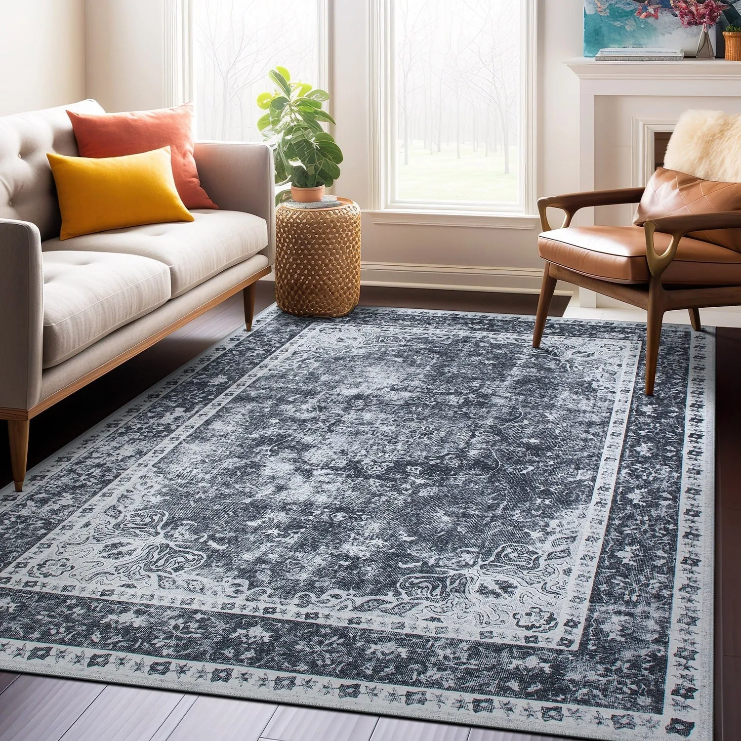 Traditional Distressed Medallion Machine Washable Area Rug