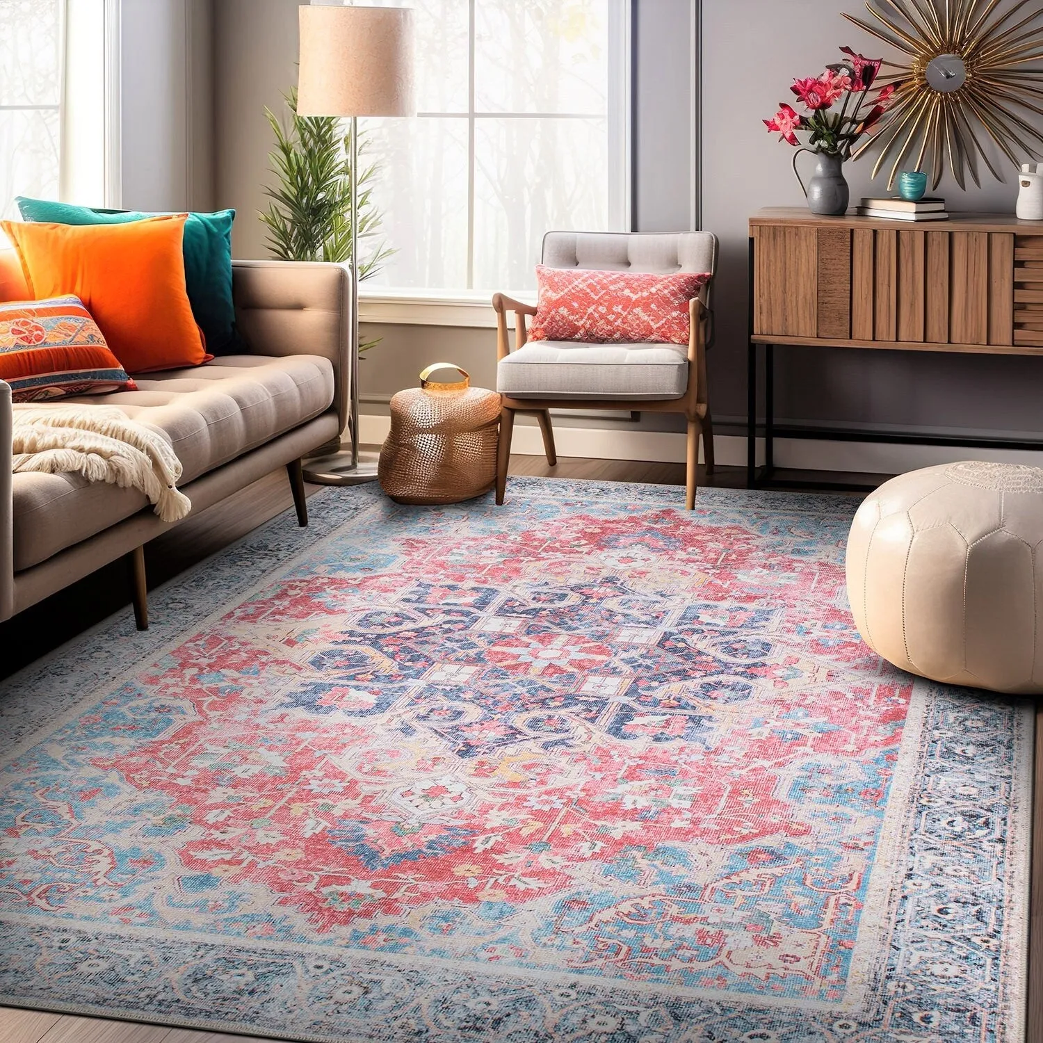 Traditional Distressed Vintage Machine Washbale Multi Area Rug