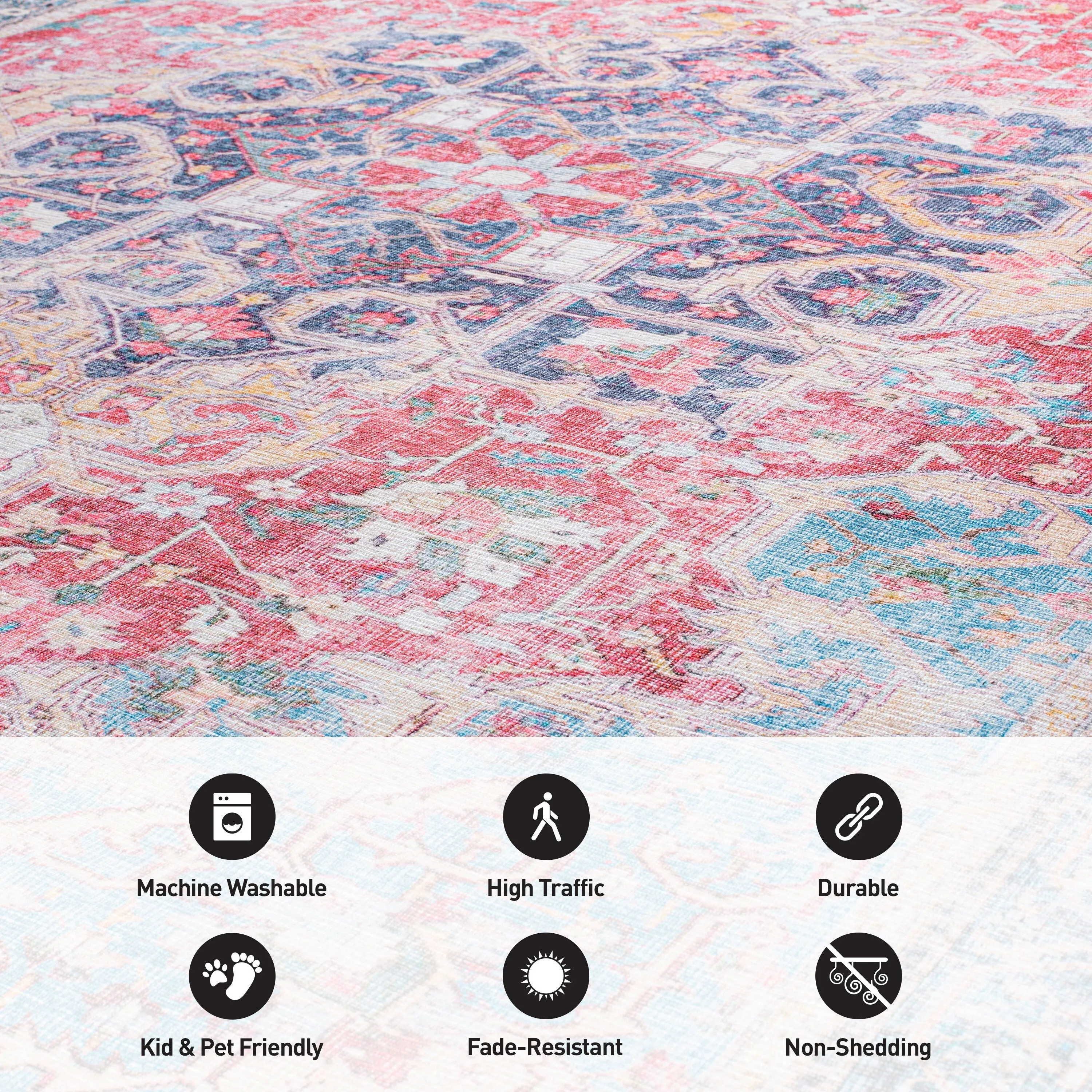 Traditional Distressed Vintage Machine Washbale Multi Area Rug