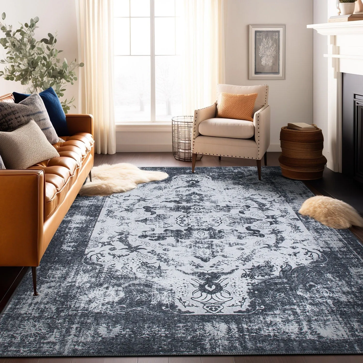 Vintage Distressed Medallion Machine Washable Area Rug