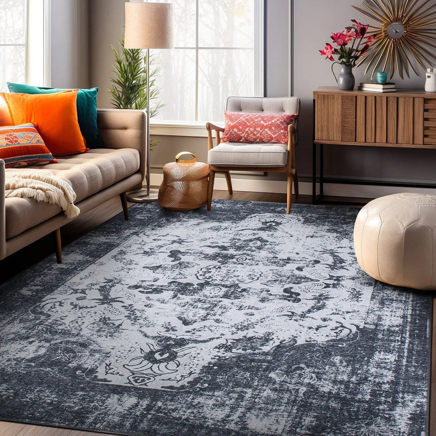 Vintage Distressed Medallion Machine Washable Area Rug