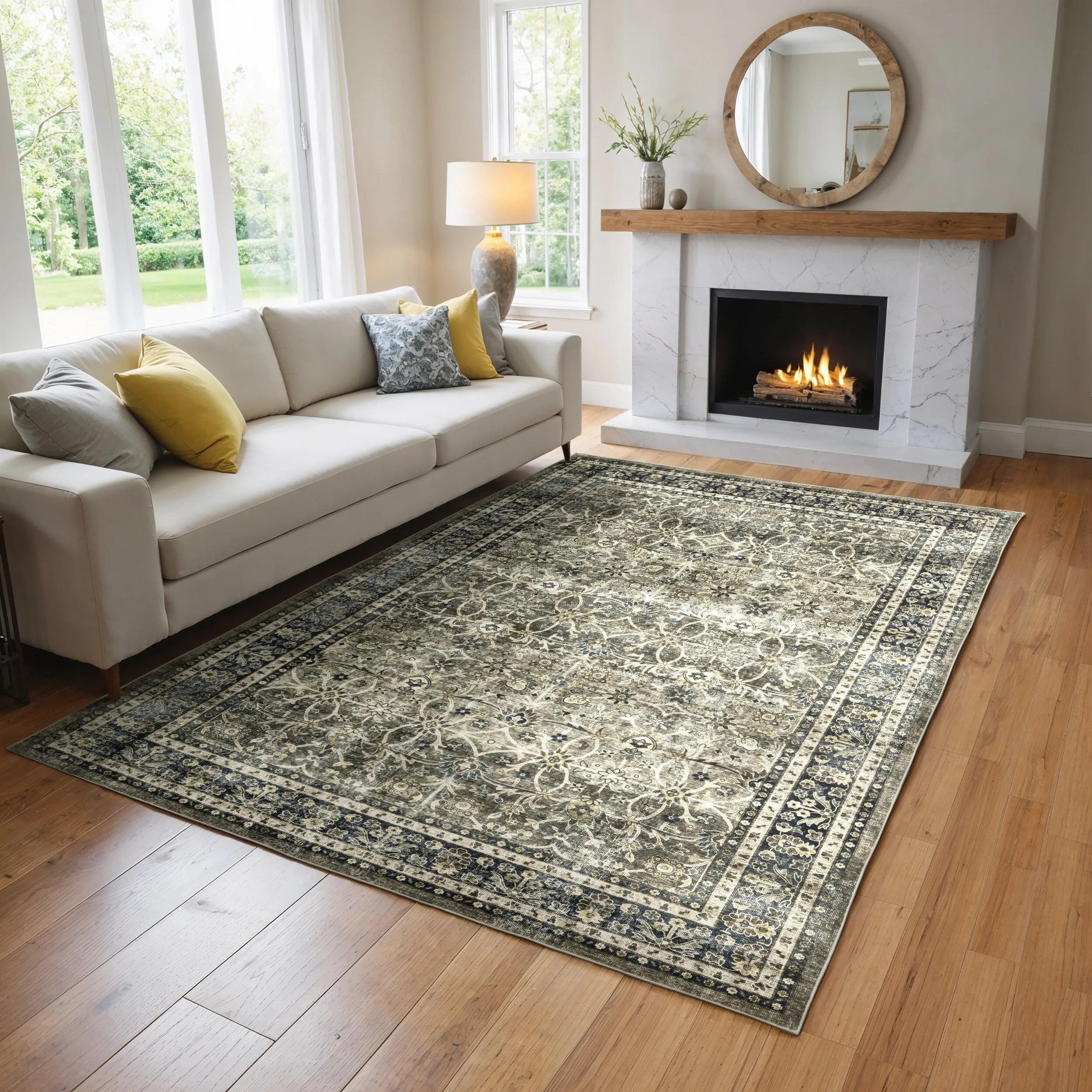 Vista Home Sunderland Faded Traditional Machine Washable Navy/Gray Rug Mat