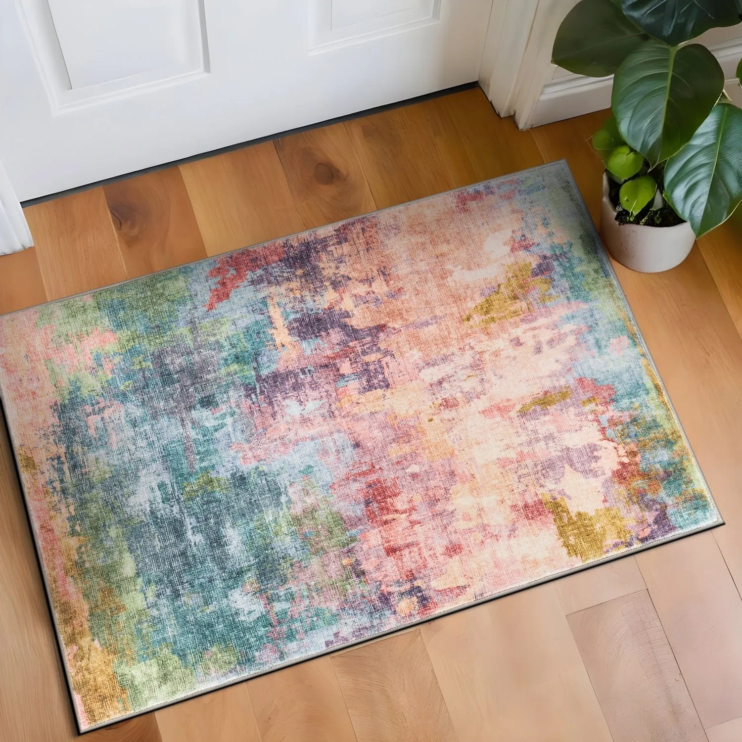 World Rug Gallery Contemporary Distressed Abstract Washable Non Slip Area Rug