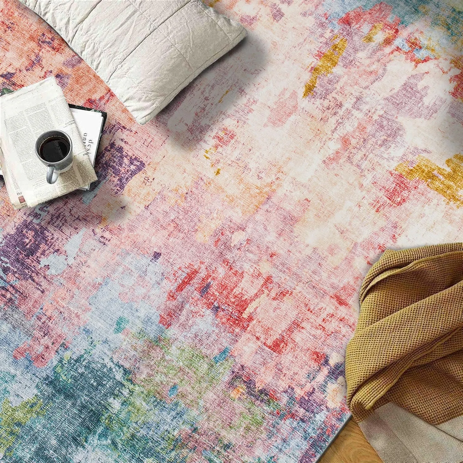 World Rug Gallery Contemporary Distressed Abstract Washable Non Slip Area Rug