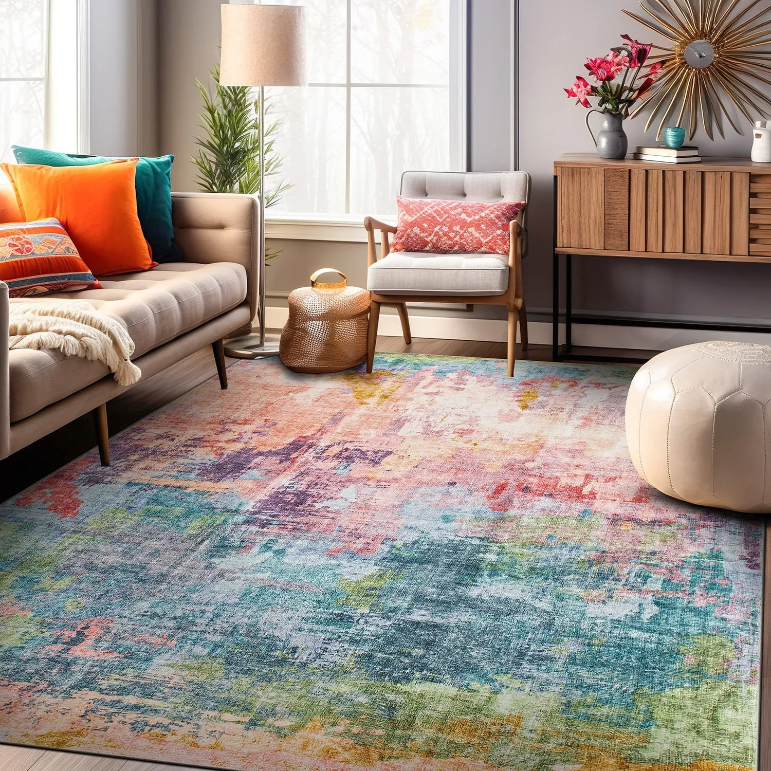 World Rug Gallery Contemporary Distressed Abstract Washable Non Slip Area Rug