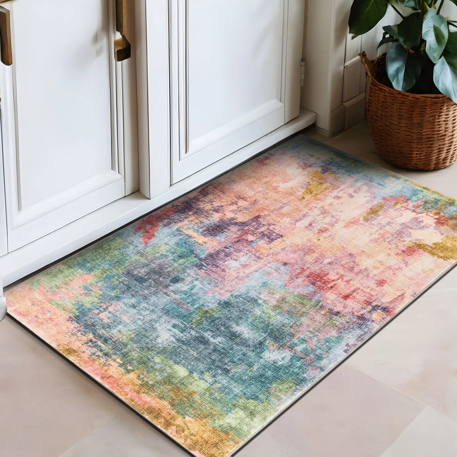 World Rug Gallery Contemporary Distressed Abstract Washable Non Slip Area Rug