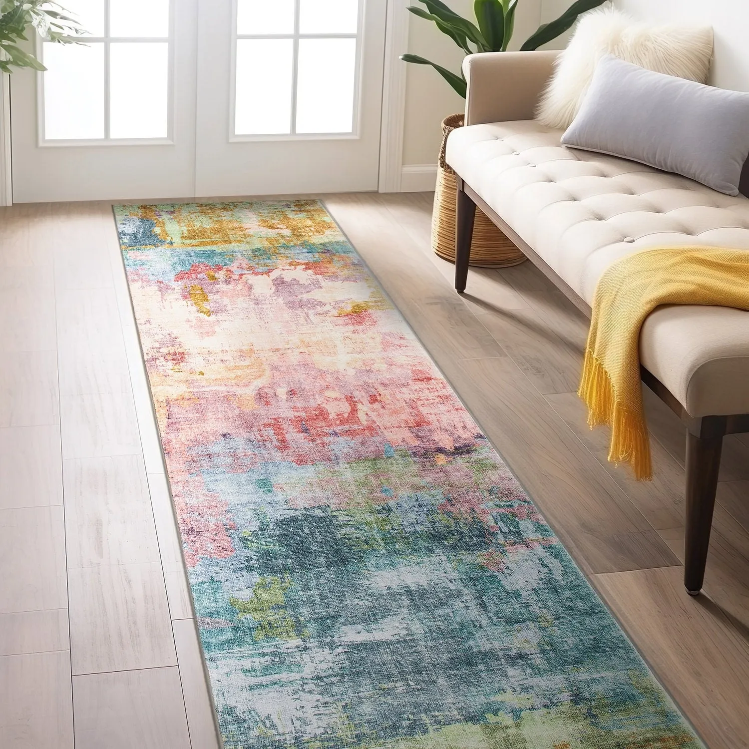 World Rug Gallery Contemporary Distressed Abstract Washable Non Slip Area Rug
