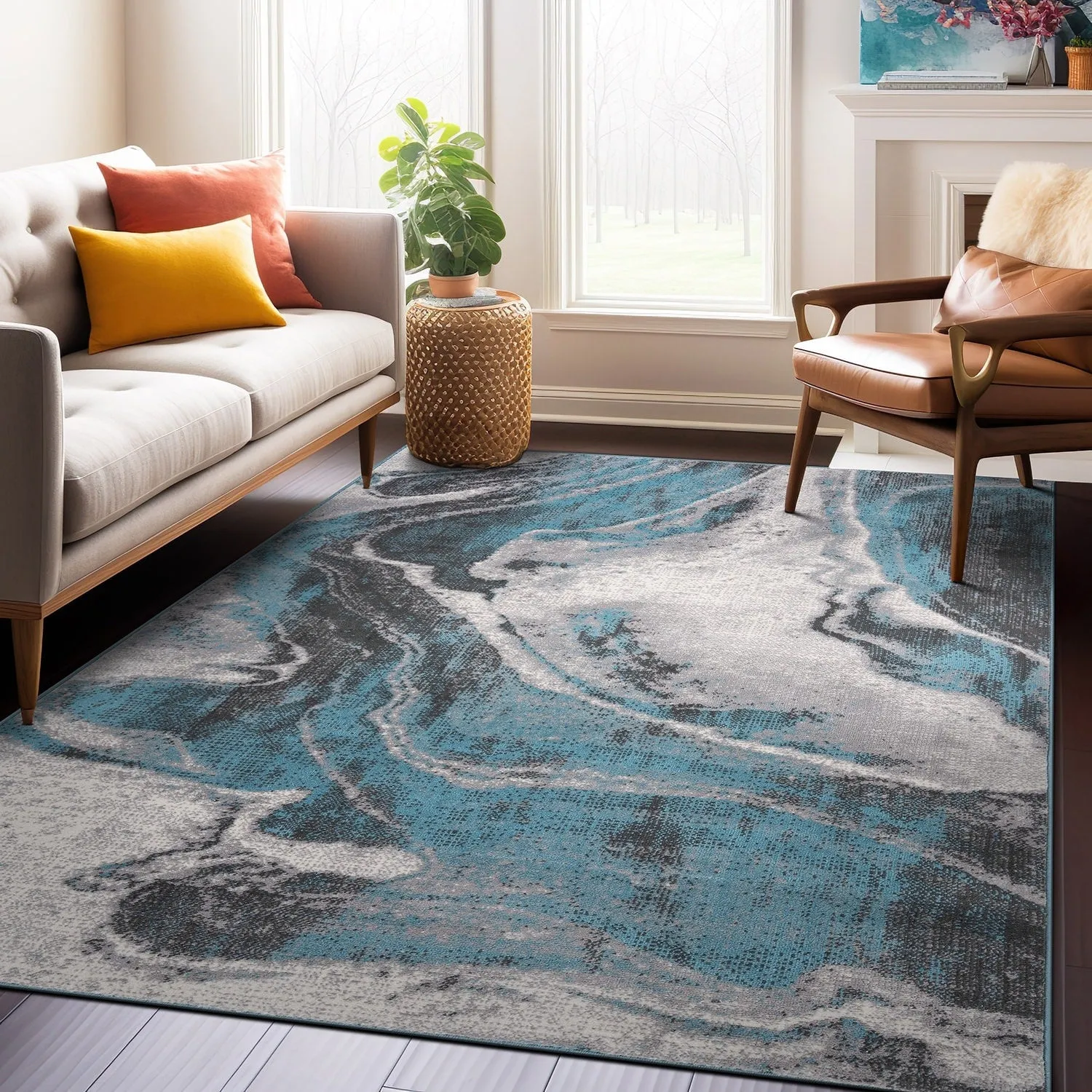 World Rug Gallery Distressed Contemporary Abstract Watercolor Area Rug