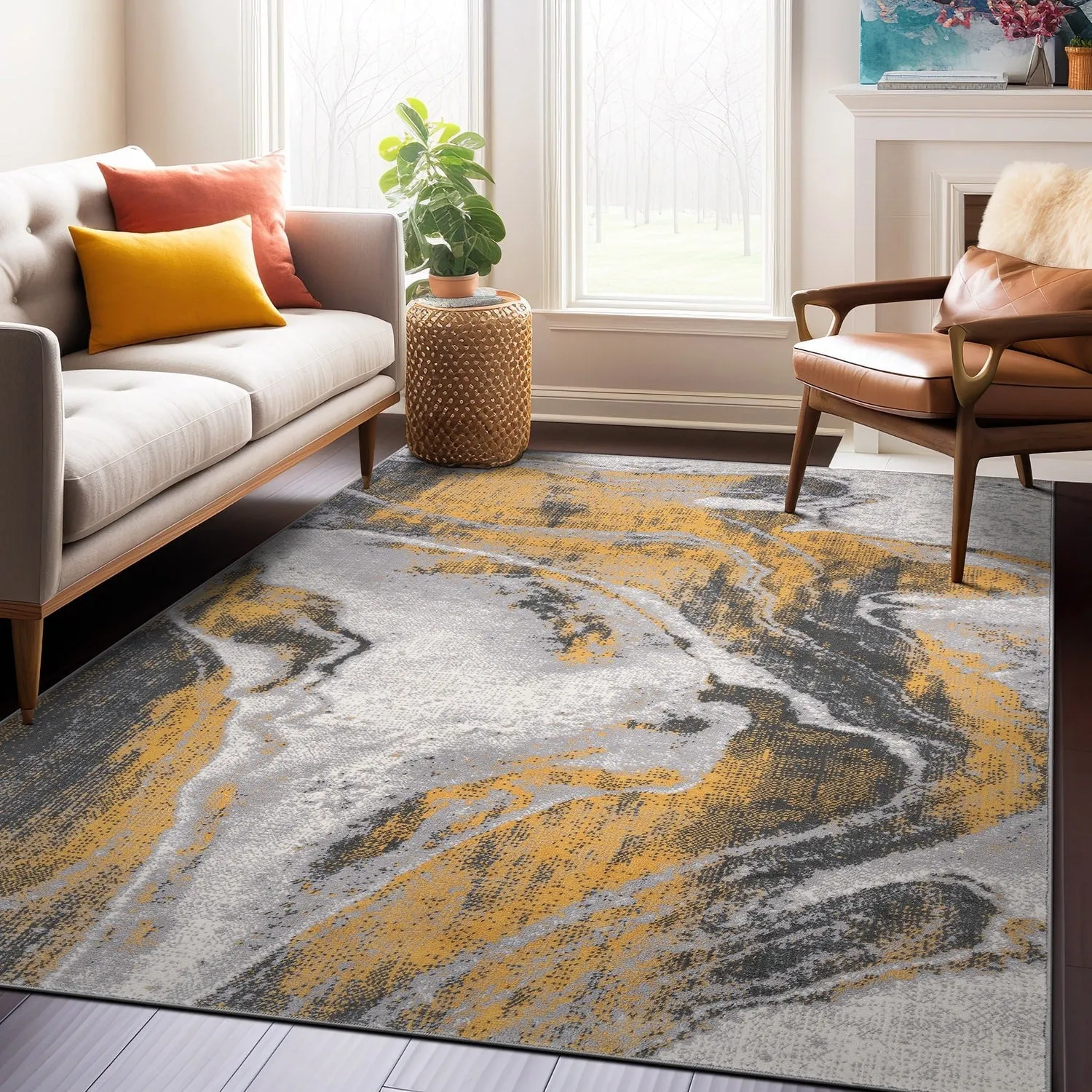 World Rug Gallery Distressed Contemporary Abstract Watercolor Area Rug