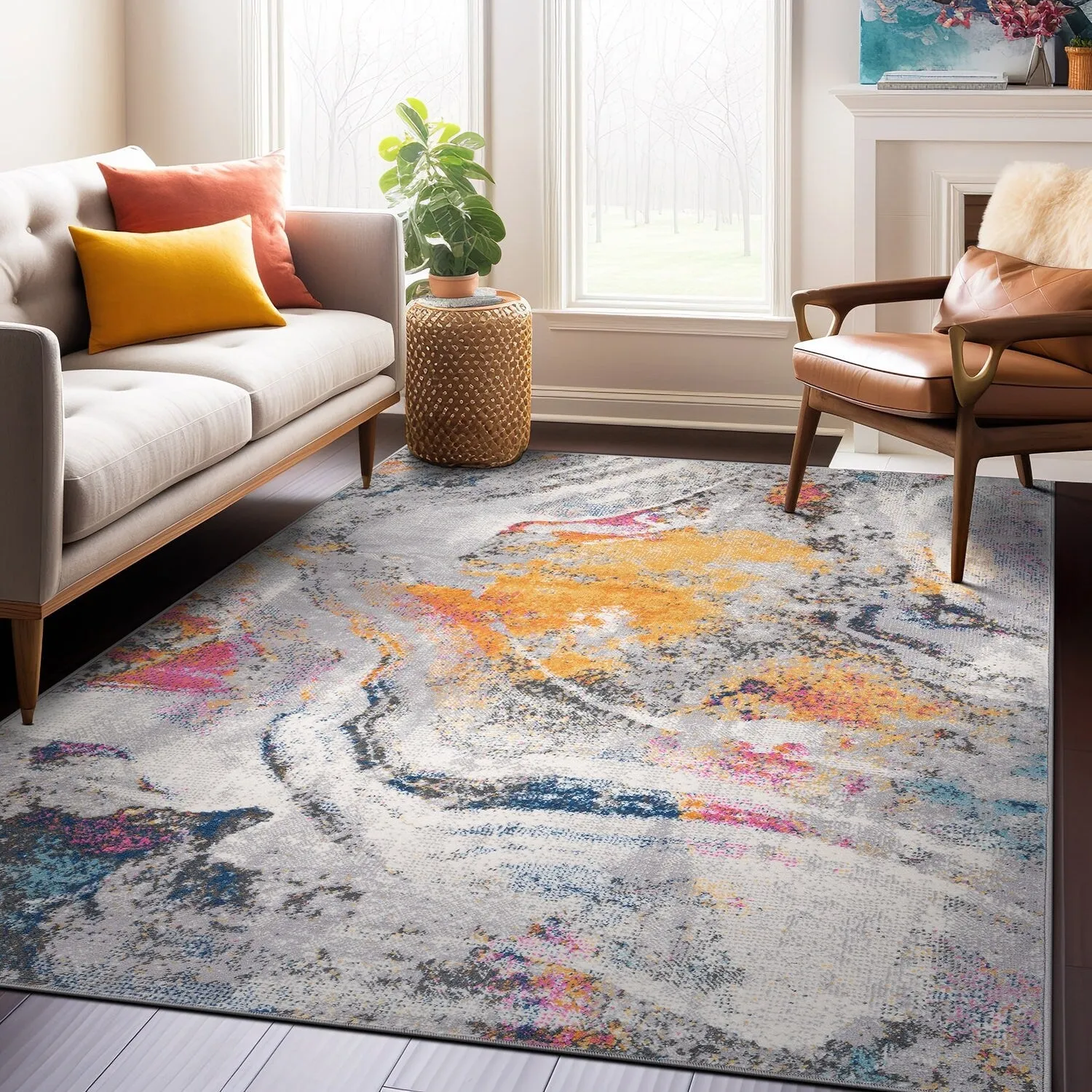 World Rug Gallery Distressed Contemporary Abstract Watercolor Area Rug