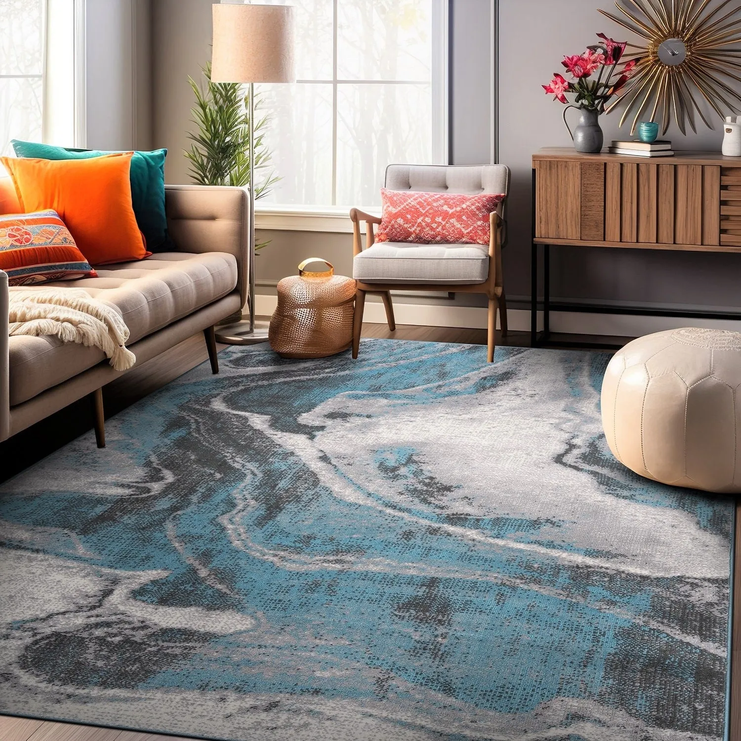 World Rug Gallery Distressed Contemporary Abstract Watercolor Area Rug
