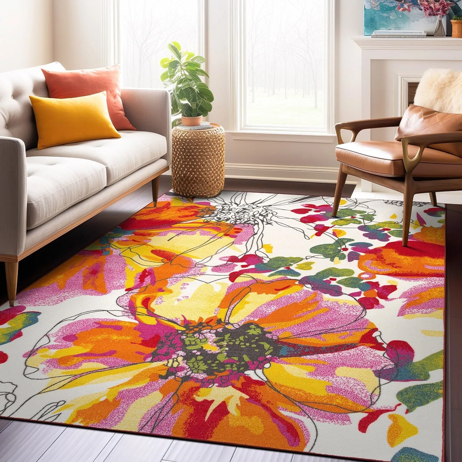World Rug Gallery Modern Bright Flowers Non-Slip Area Rug Multi